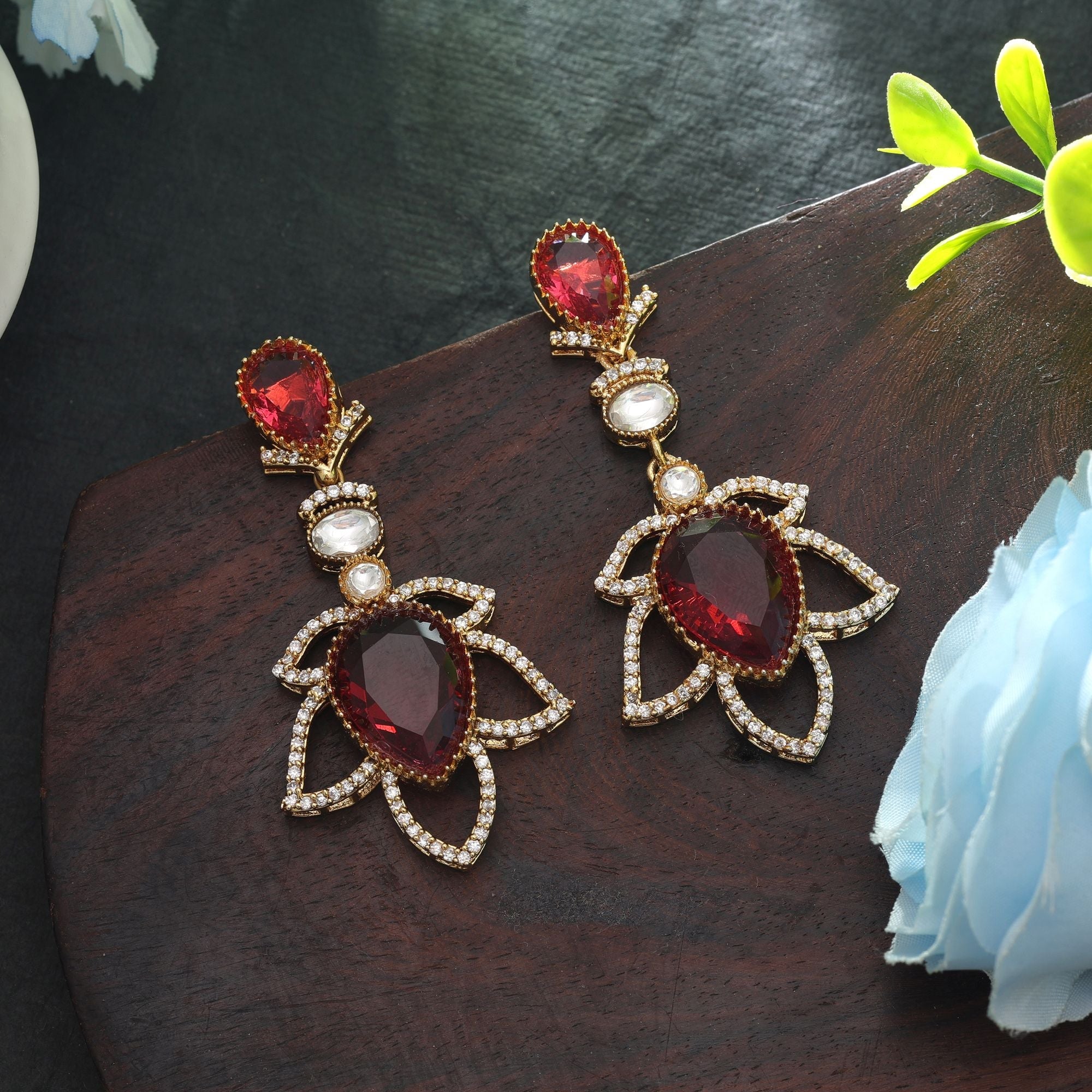 Red Color American Diamond Earrings Traditional Wear