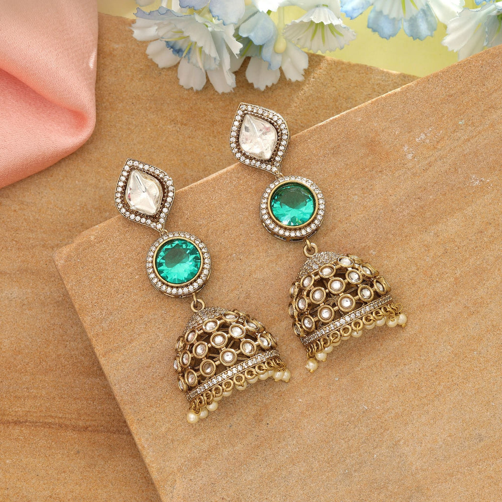 Green Color American Diamond Earrings Traditional Ethnic Party Wear Jewelry Design