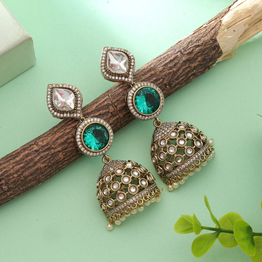 Green Color American Diamond Earrings Traditional Ethnic Party Wear Jewelry Design