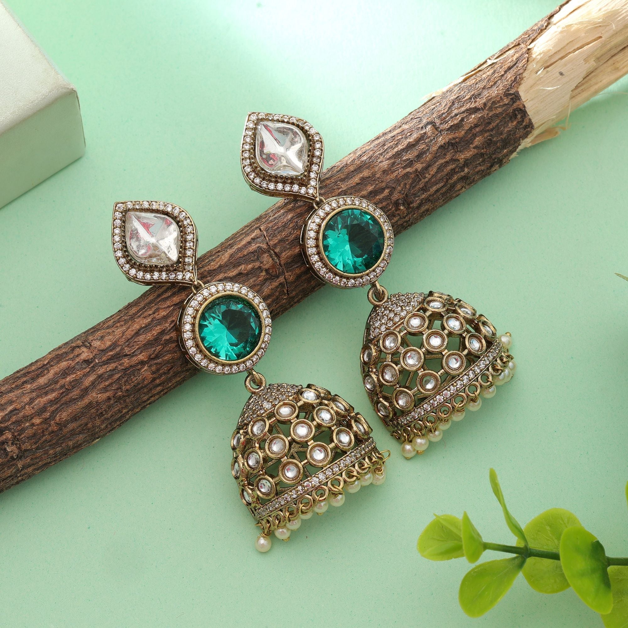 Green Color American Diamond Earrings Traditional Ethnic Party Wear Jewelry Design