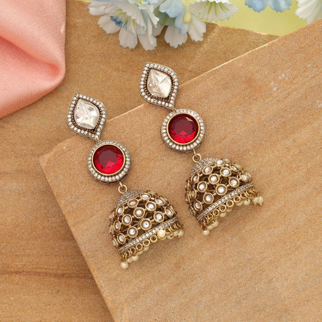 Red Color American Diamond Earrings Bold Festive Wedding Jewelry Collection Design