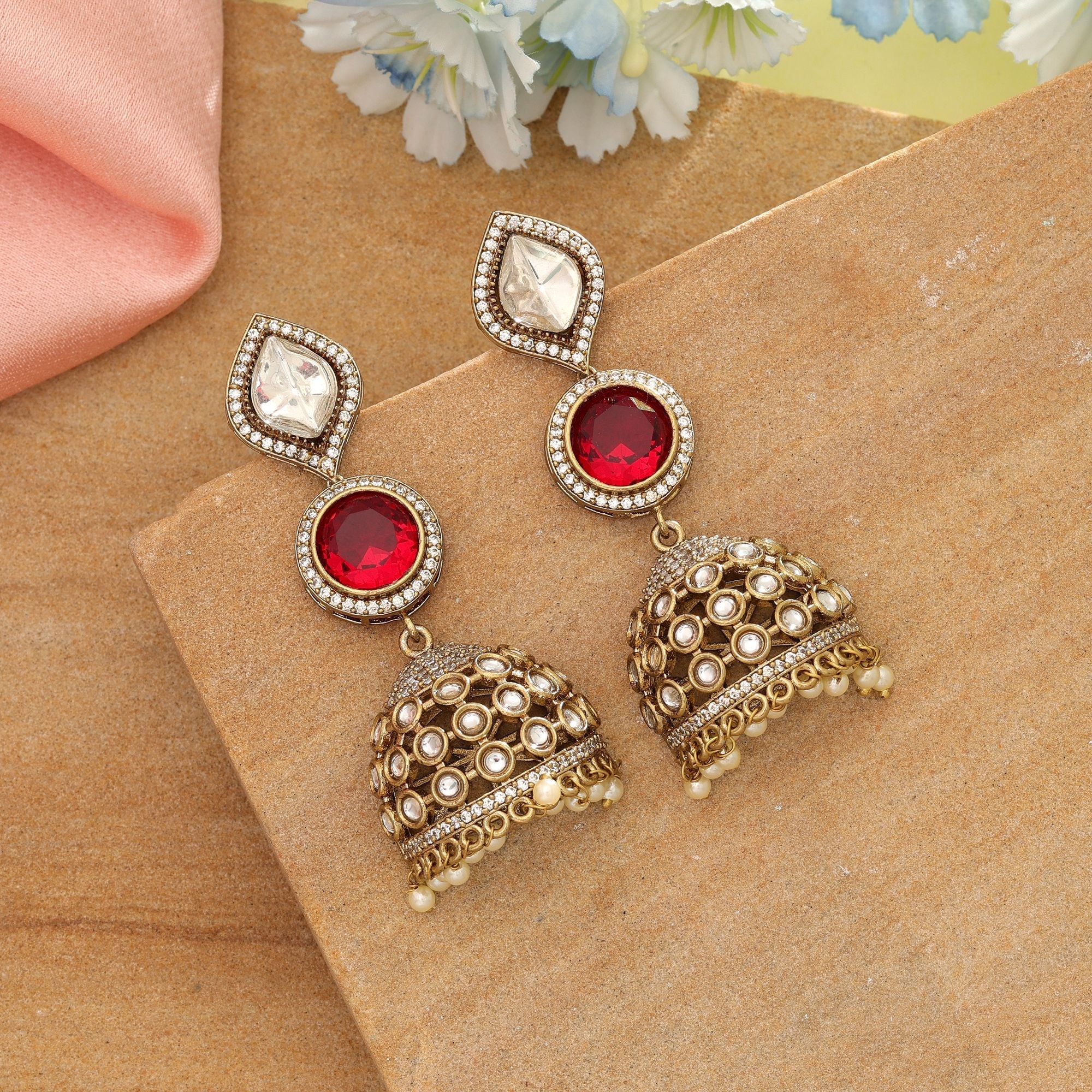 Red Color American Diamond Earrings Bold Festive Wedding Jewelry Collection Design