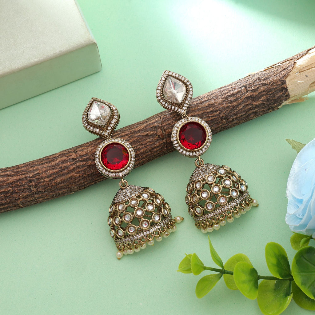 Red Color American Diamond Earrings Bold Festive Wedding Jewelry Collection Design