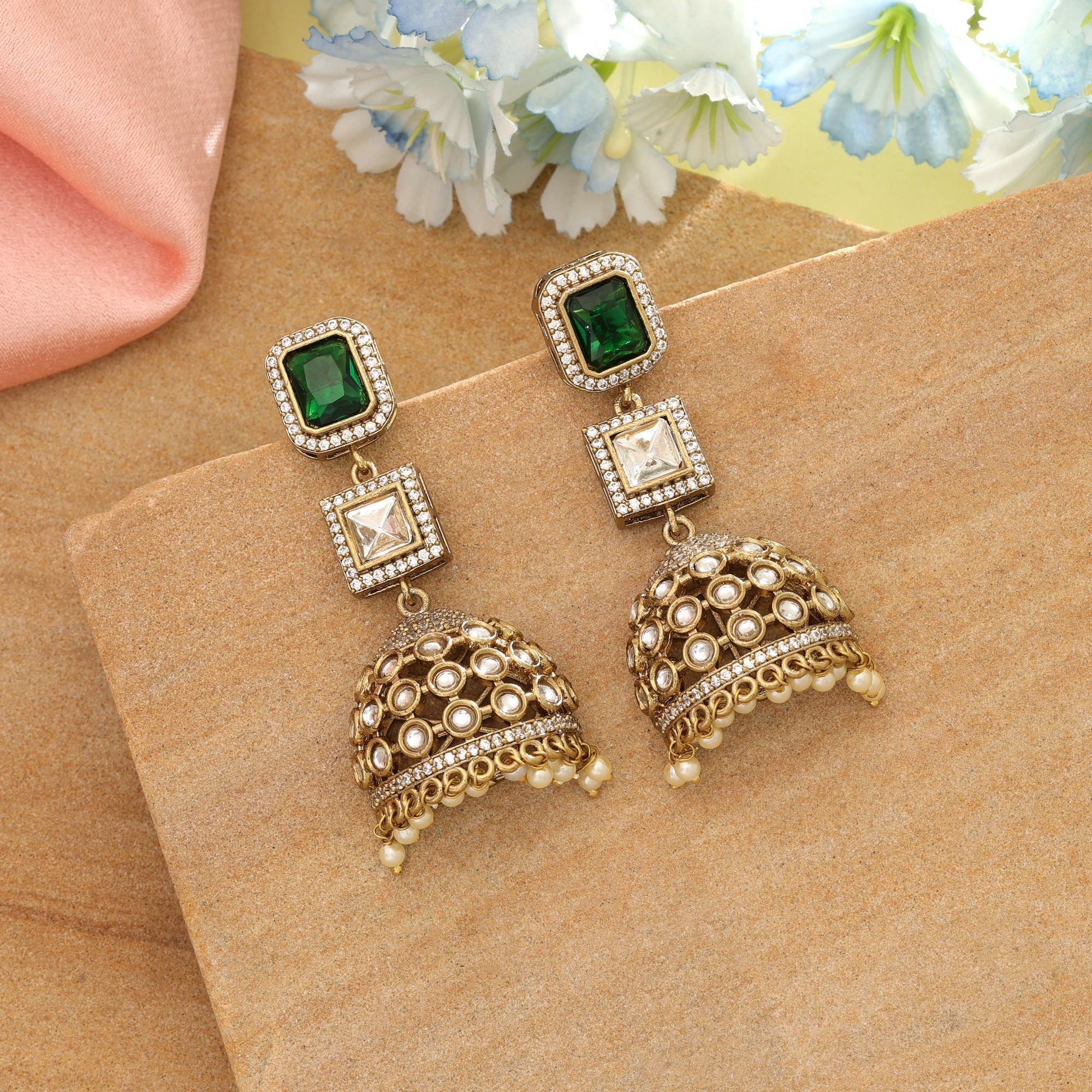 Green Color American Diamond Earrings Designer Festive Stylish Jewelry Collection Design
