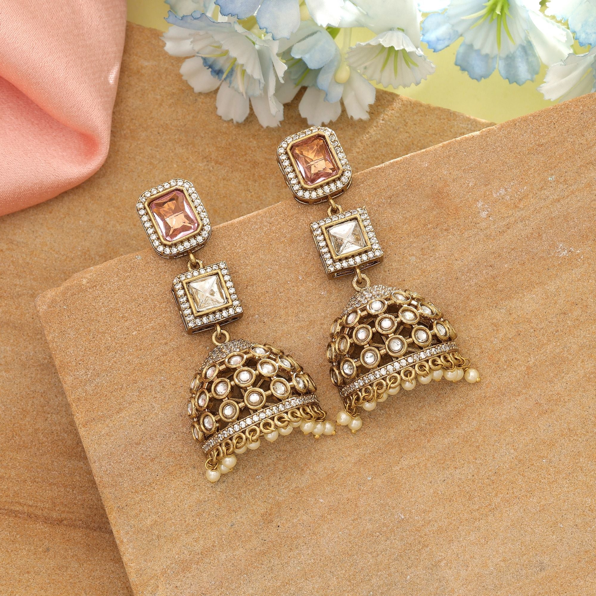 Light Pink Color American Diamond Earrings Elegant Minimal Daily Wear Jewelry