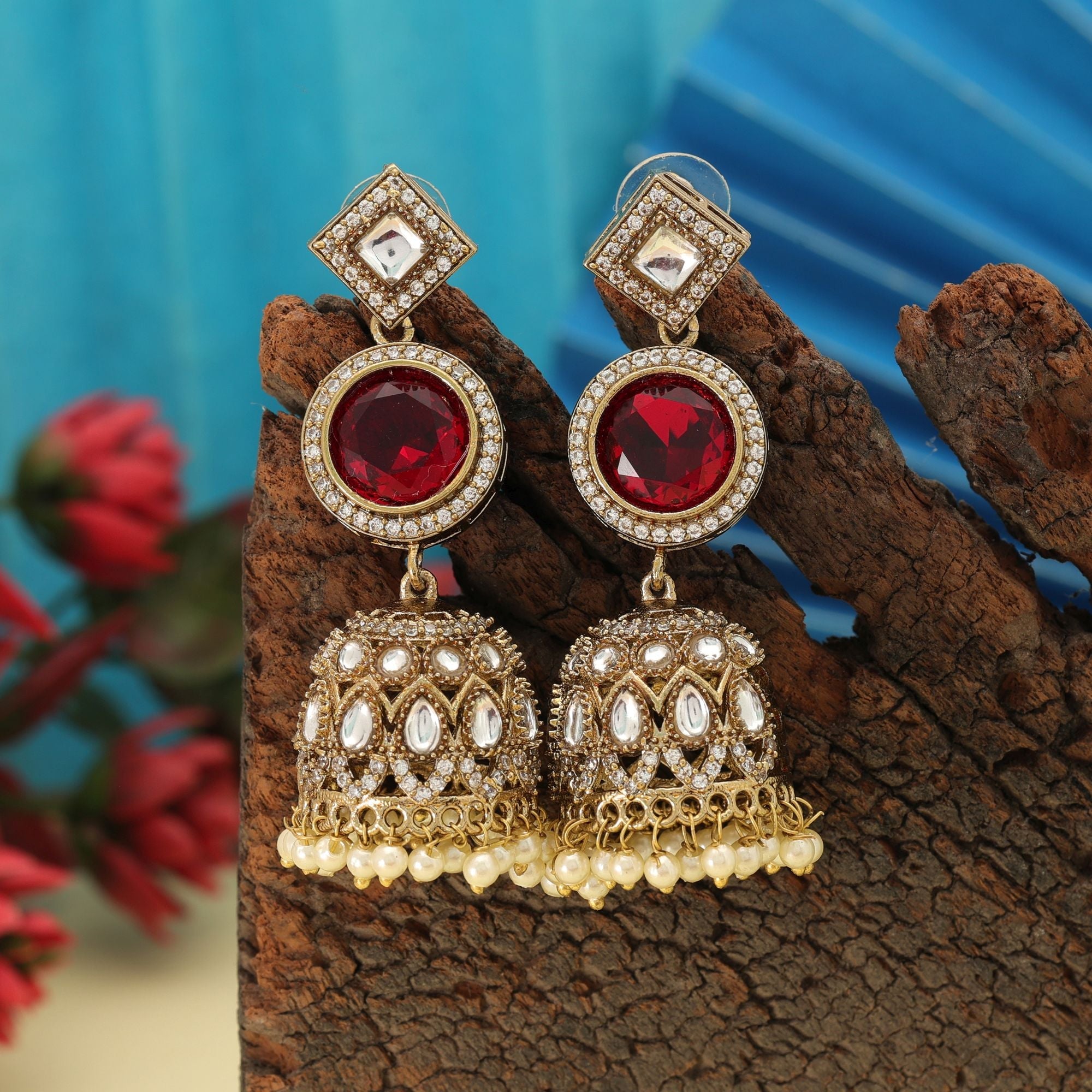 Red Color American Diamond Earrings Traditional Bridal Statement Jewelry Collection