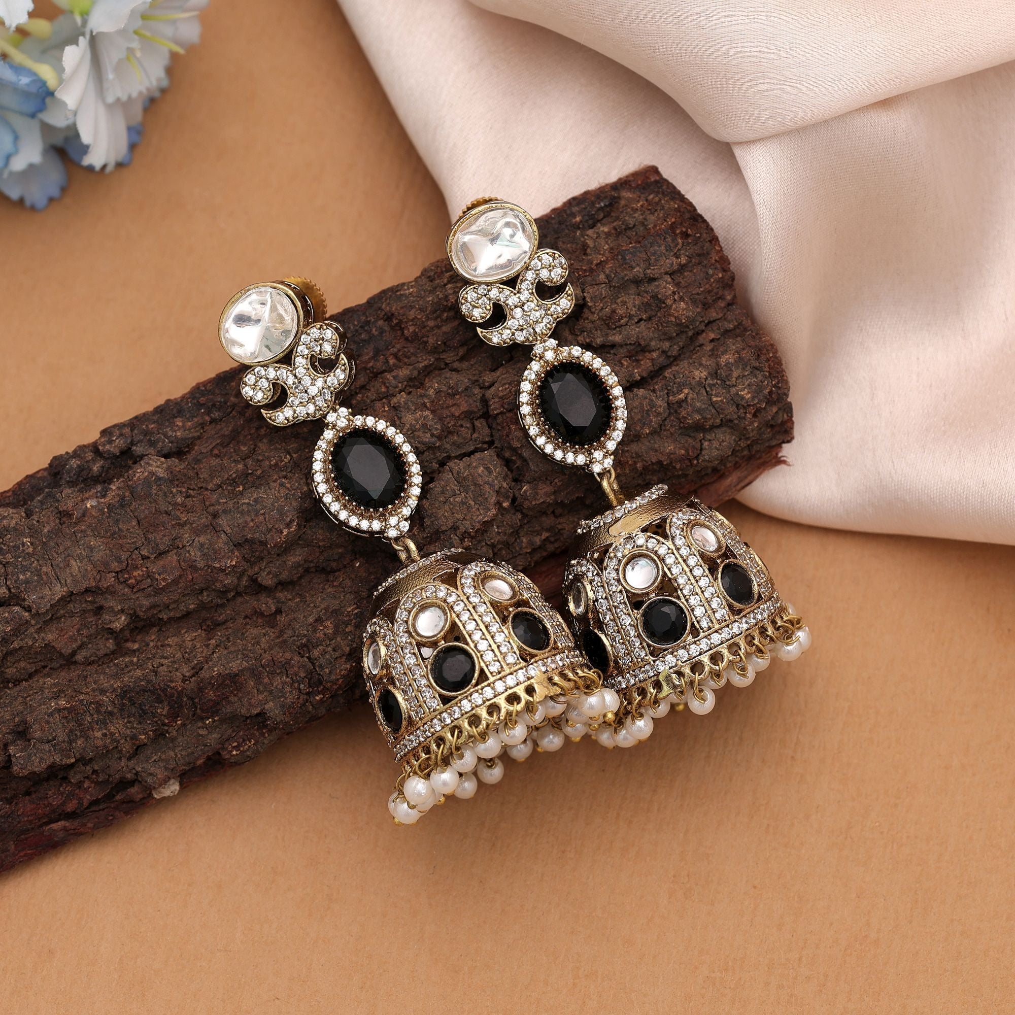 Black Color American Diamond Earrings Festive Party Wear