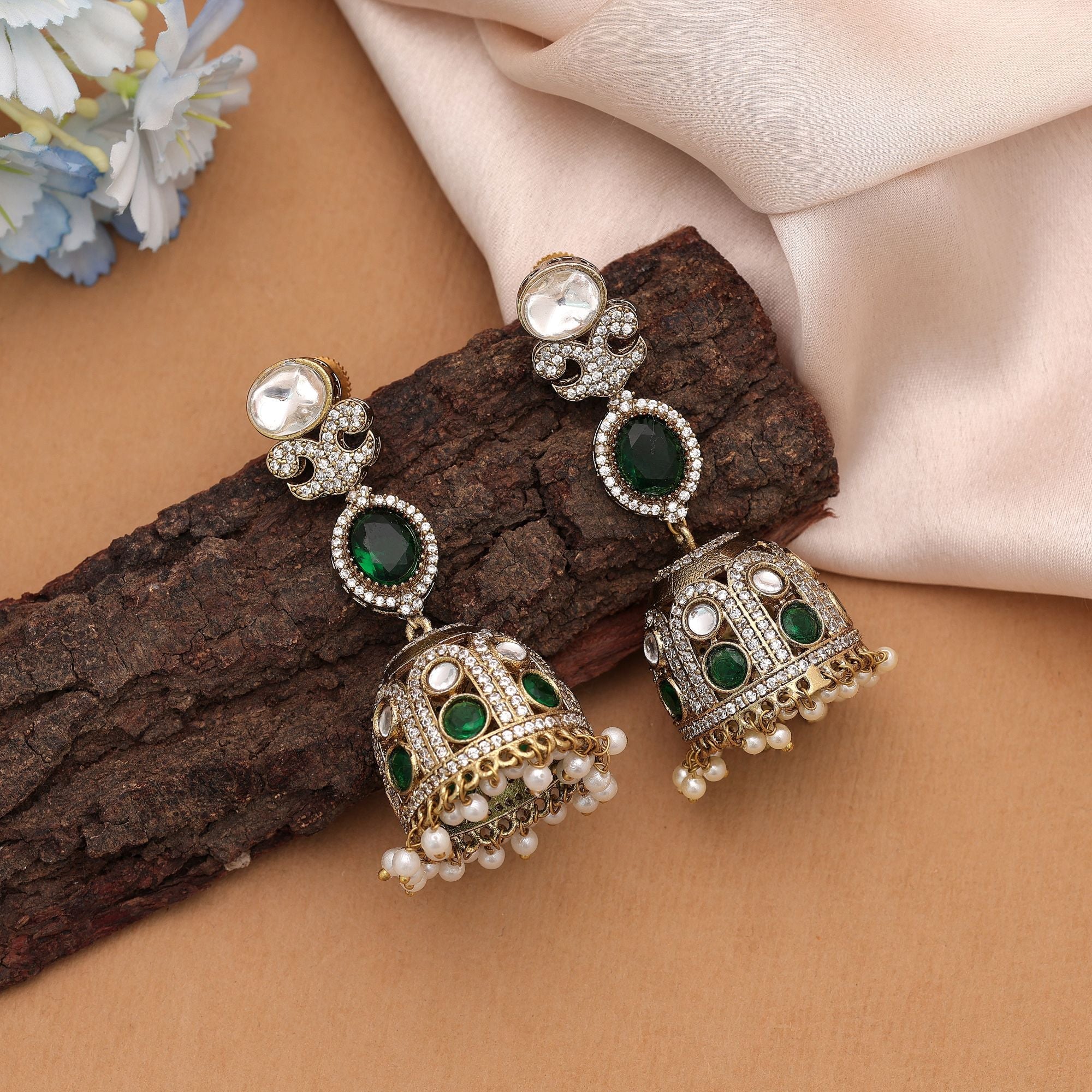 Green Color American Diamond Earrings Ethnic Jewelry Design
