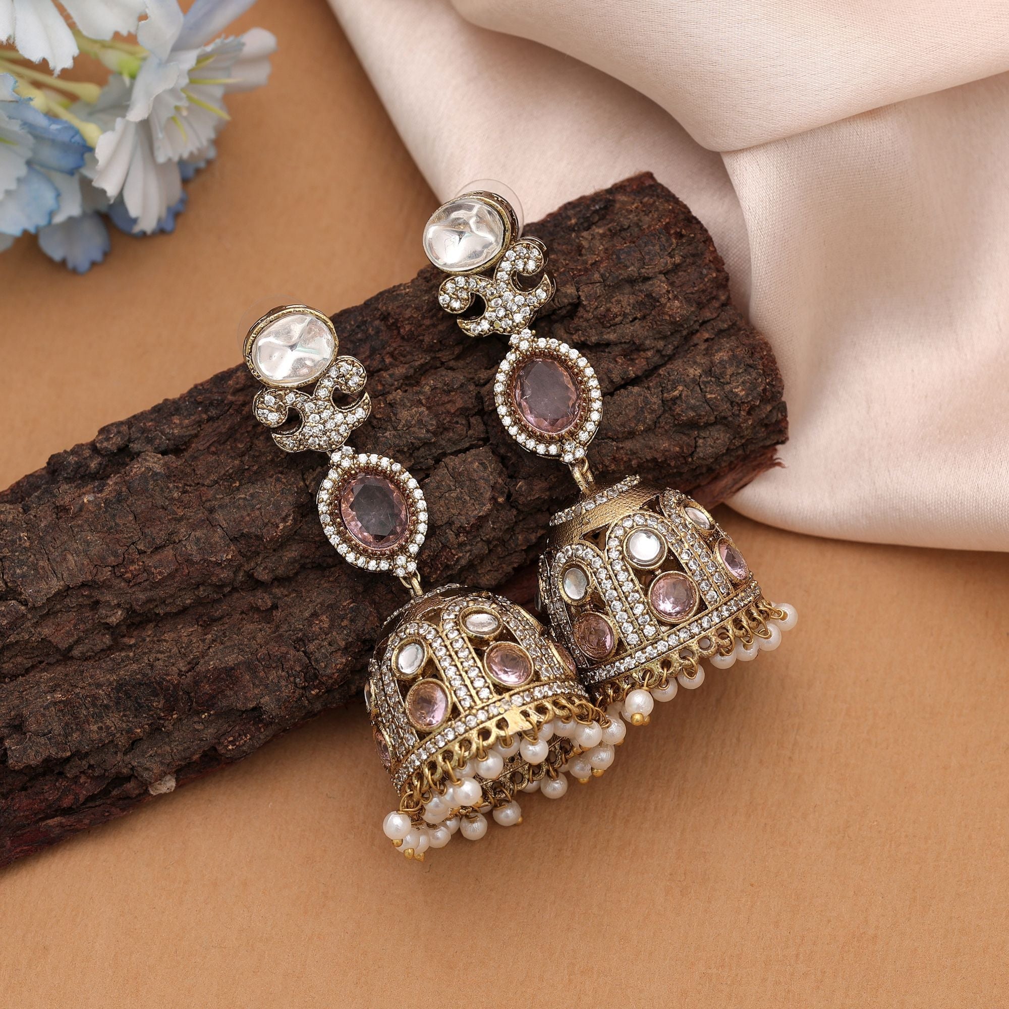 Light Pink Color American Diamond Earrings Traditional Fashion Look