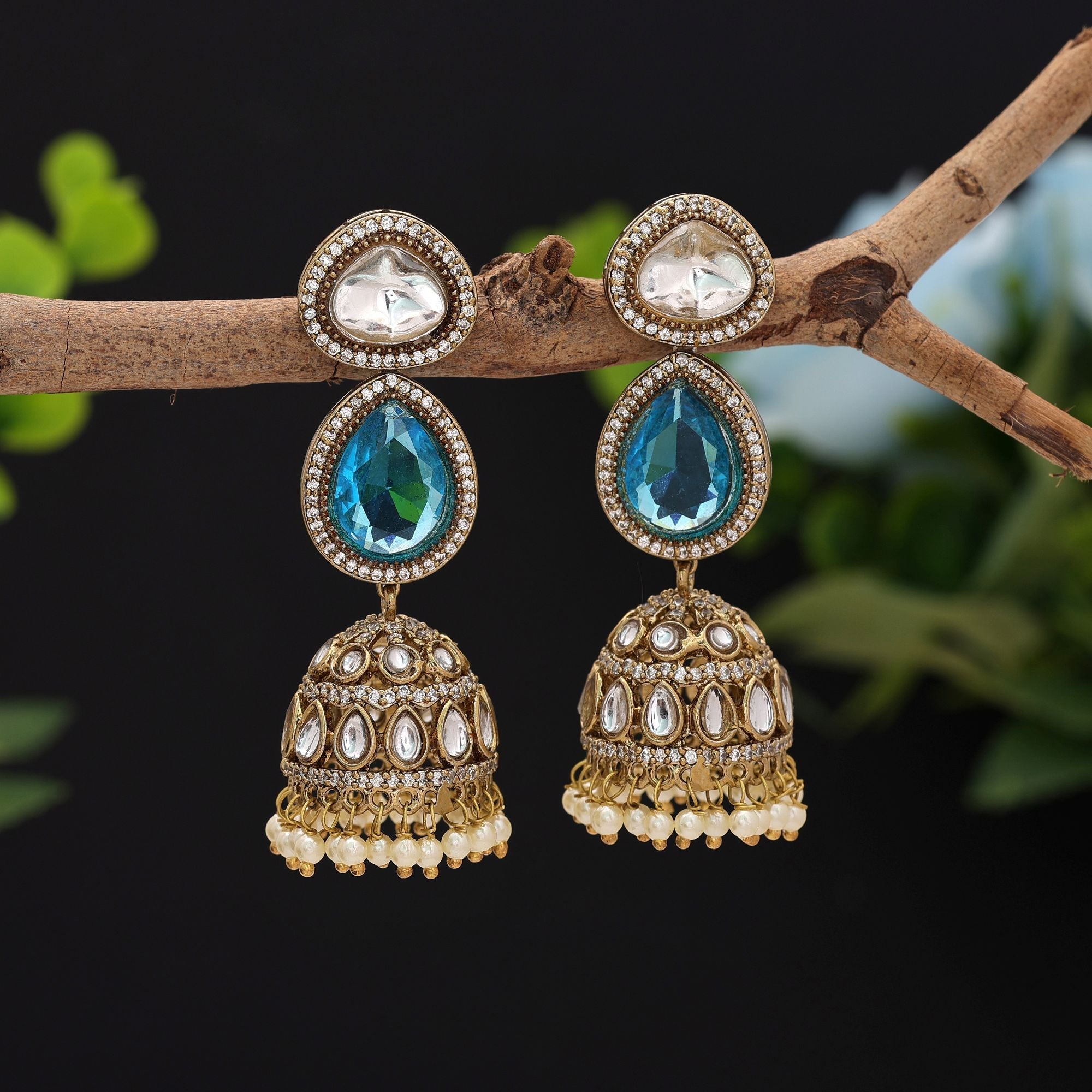 Firozi Color American Diamond Earrings Festive Jewelry Collection