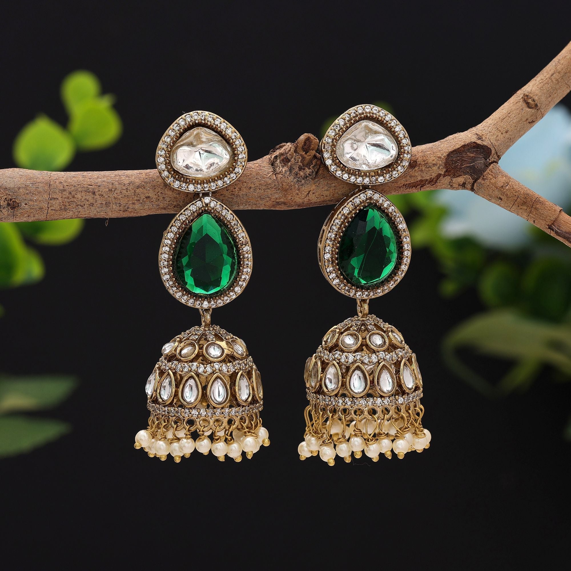 Green Color American Diamond Earrings Classic Bridal Styling