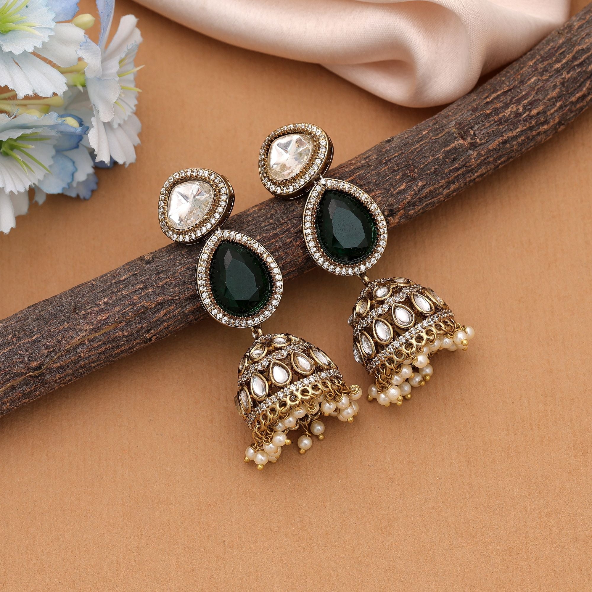 Green Color American Diamond Earrings Classic Bridal Styling