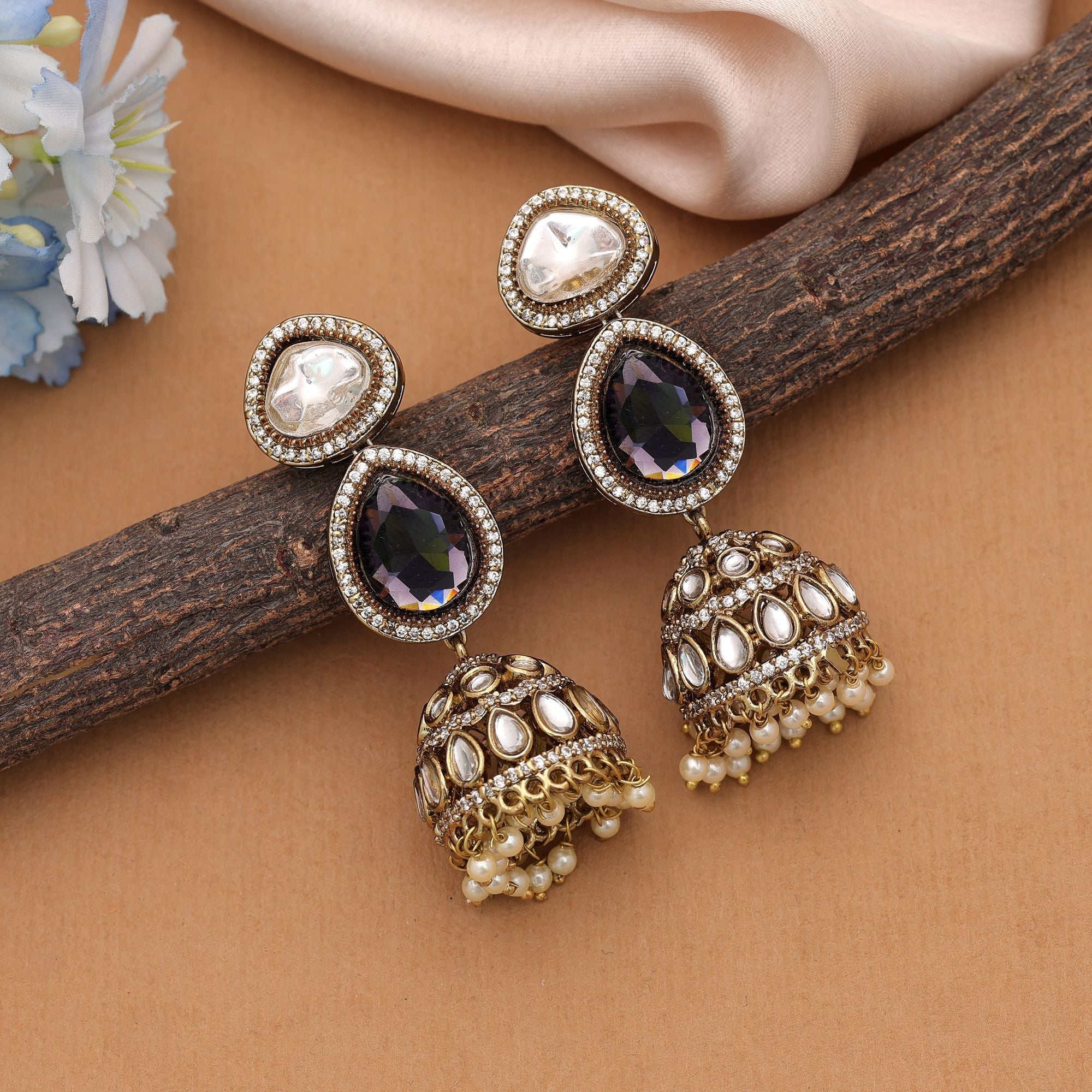 Purple Color American Diamond Earrings Traditional Occasion Wear