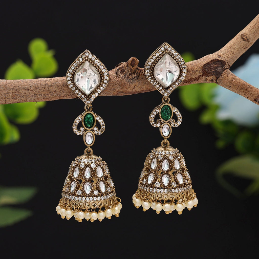 Green Color American Diamond Earrings Traditional Party Wear