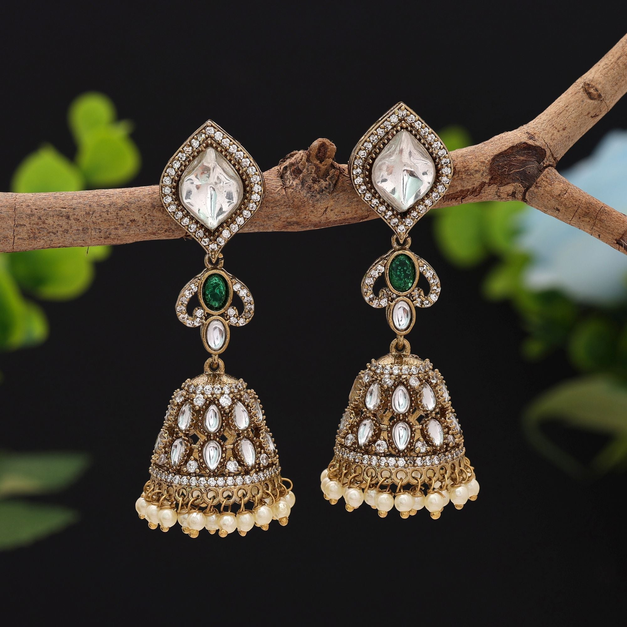Green Color American Diamond Earrings Traditional Party Wear
