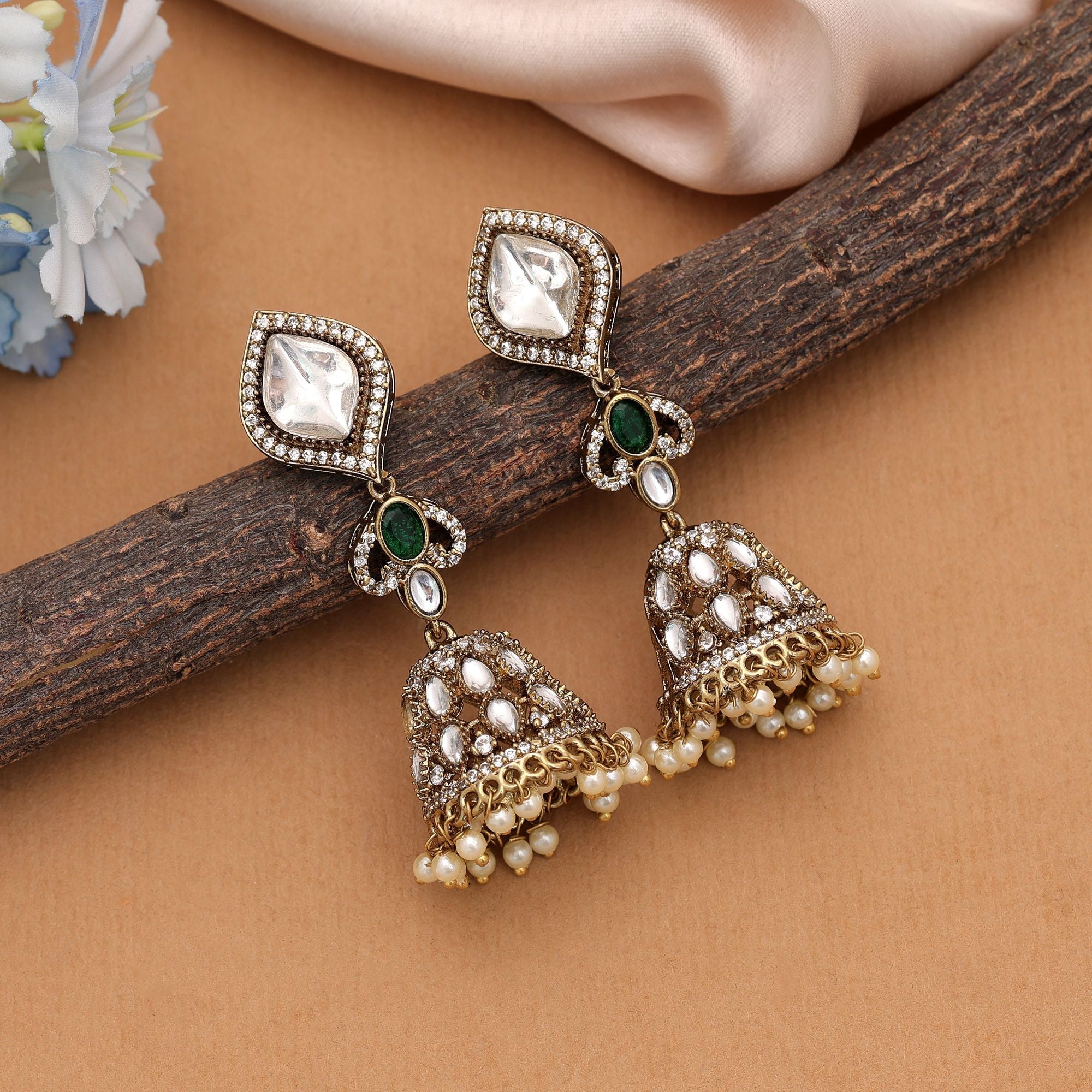 Green Color American Diamond Earrings Traditional Party Wear