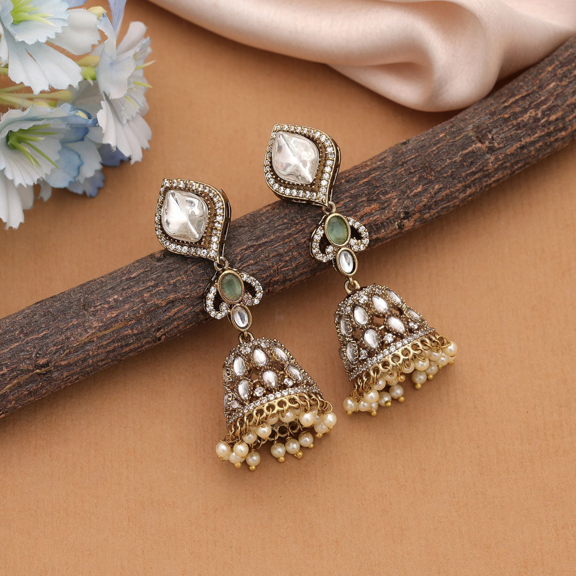 Pista Green Color American Diamond Earrings Festive Fashion Styling