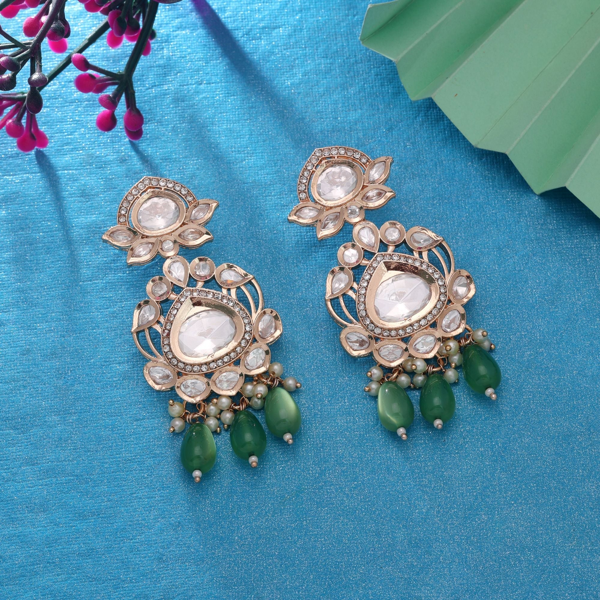 Green Color American Diamond Earrings Everyday Fashion Style