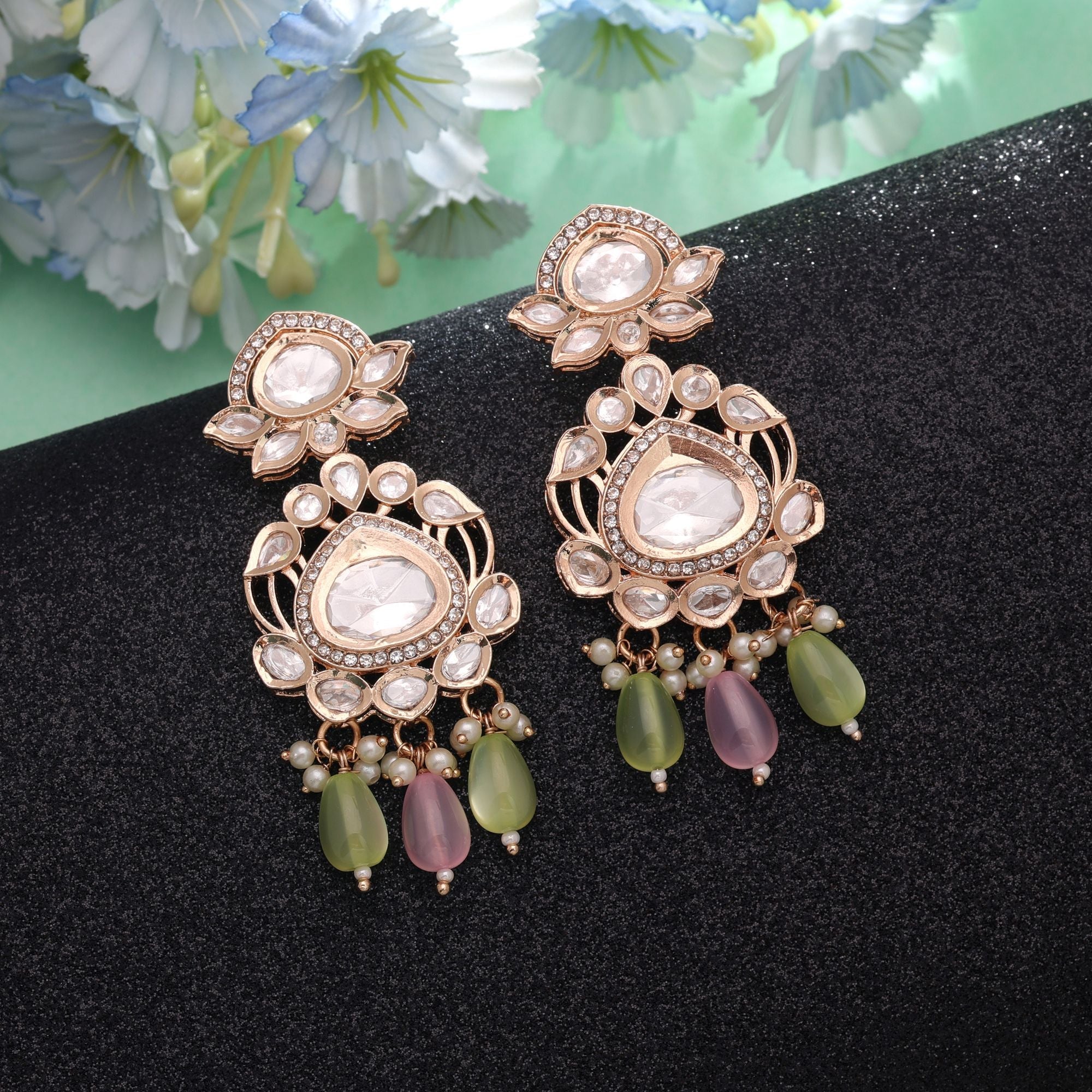 Light Pink & Light Green Color American Diamond Earrings Crystal Finish
