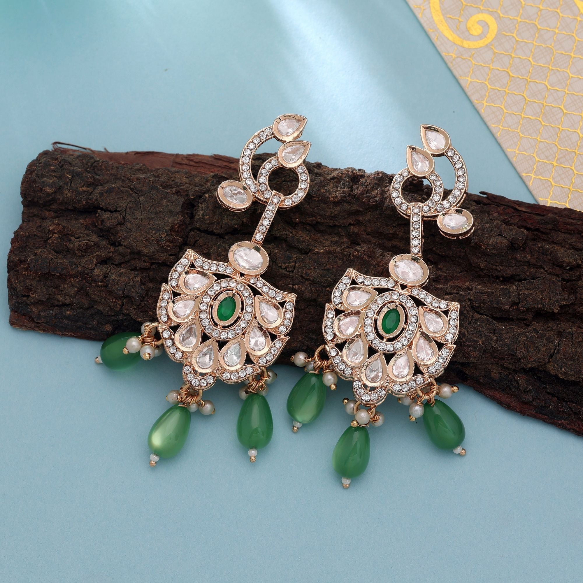 Green Color American Diamond Earrings Sparkling Party Style
