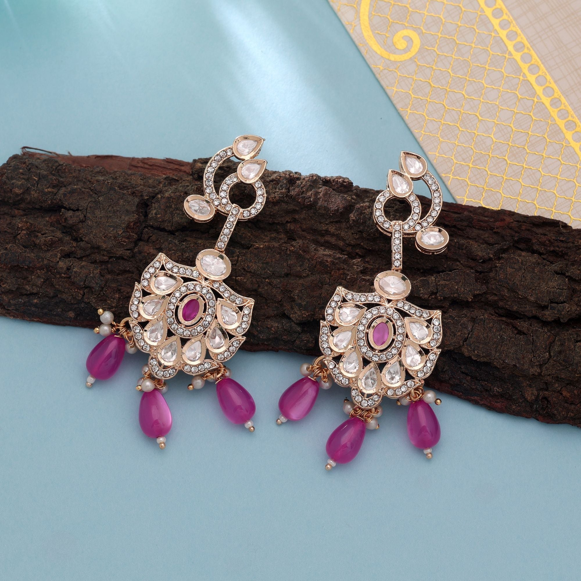 Pink Color American Diamond Earrings Premium Crystal Design