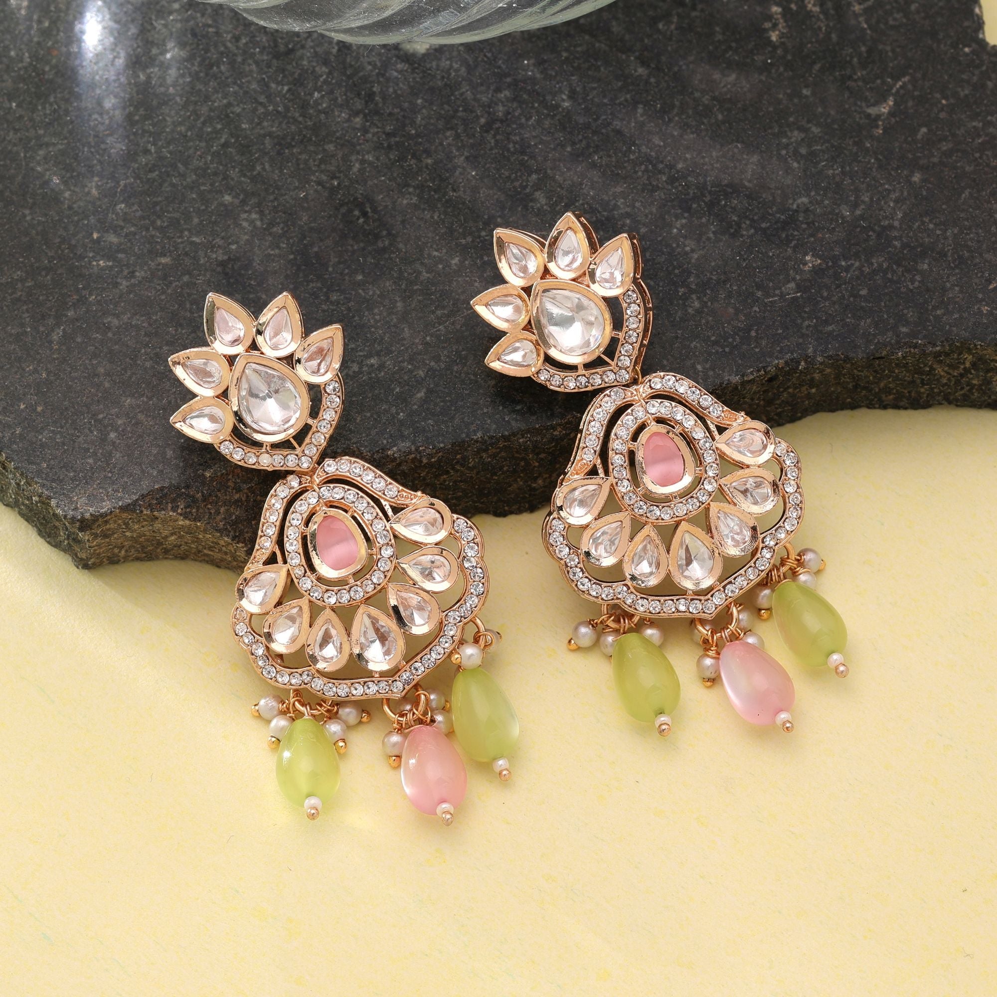 Light Pink & Light Green Color American Diamond Earrings Royal Finish