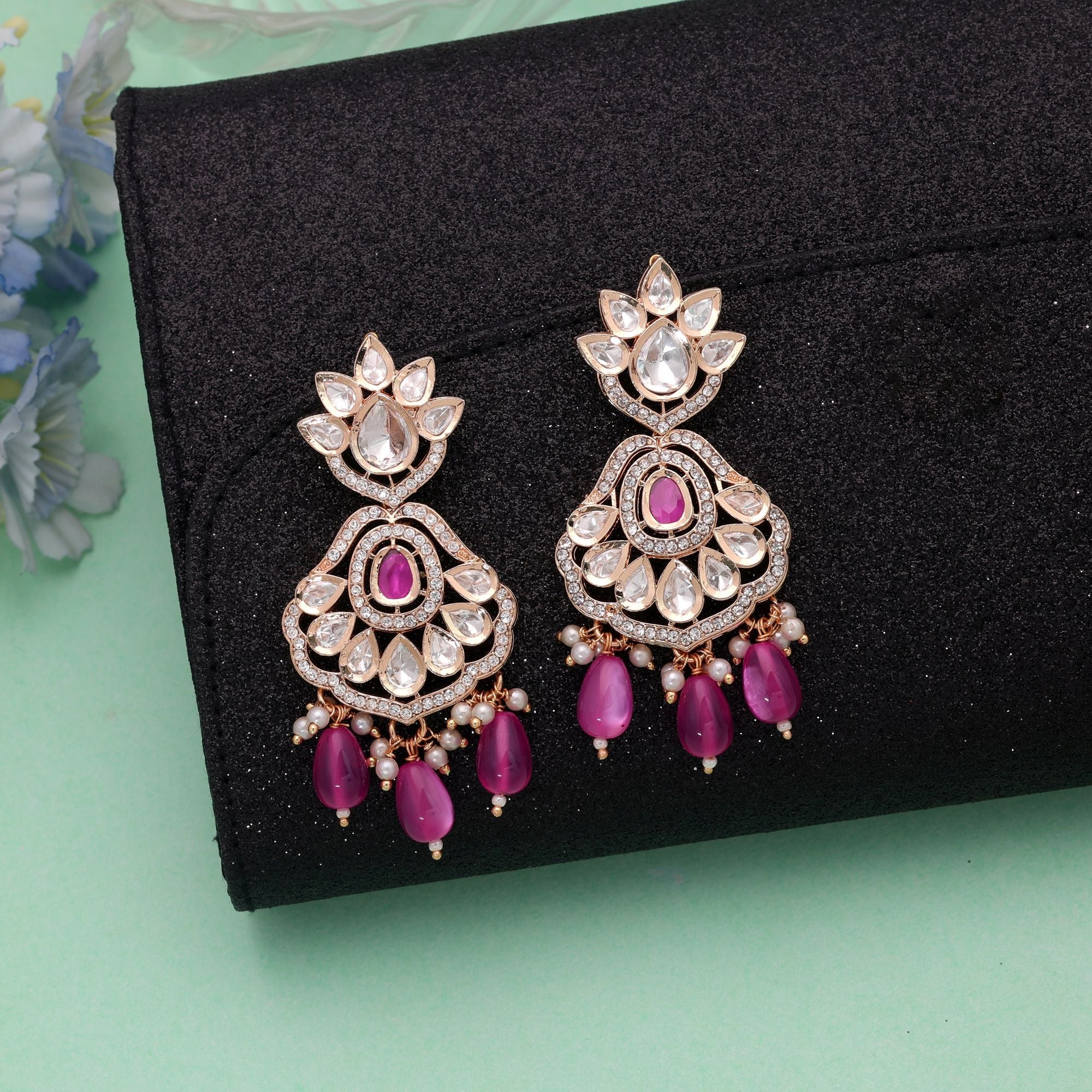 Pink Color American Diamond Earrings Designer Fashion Style