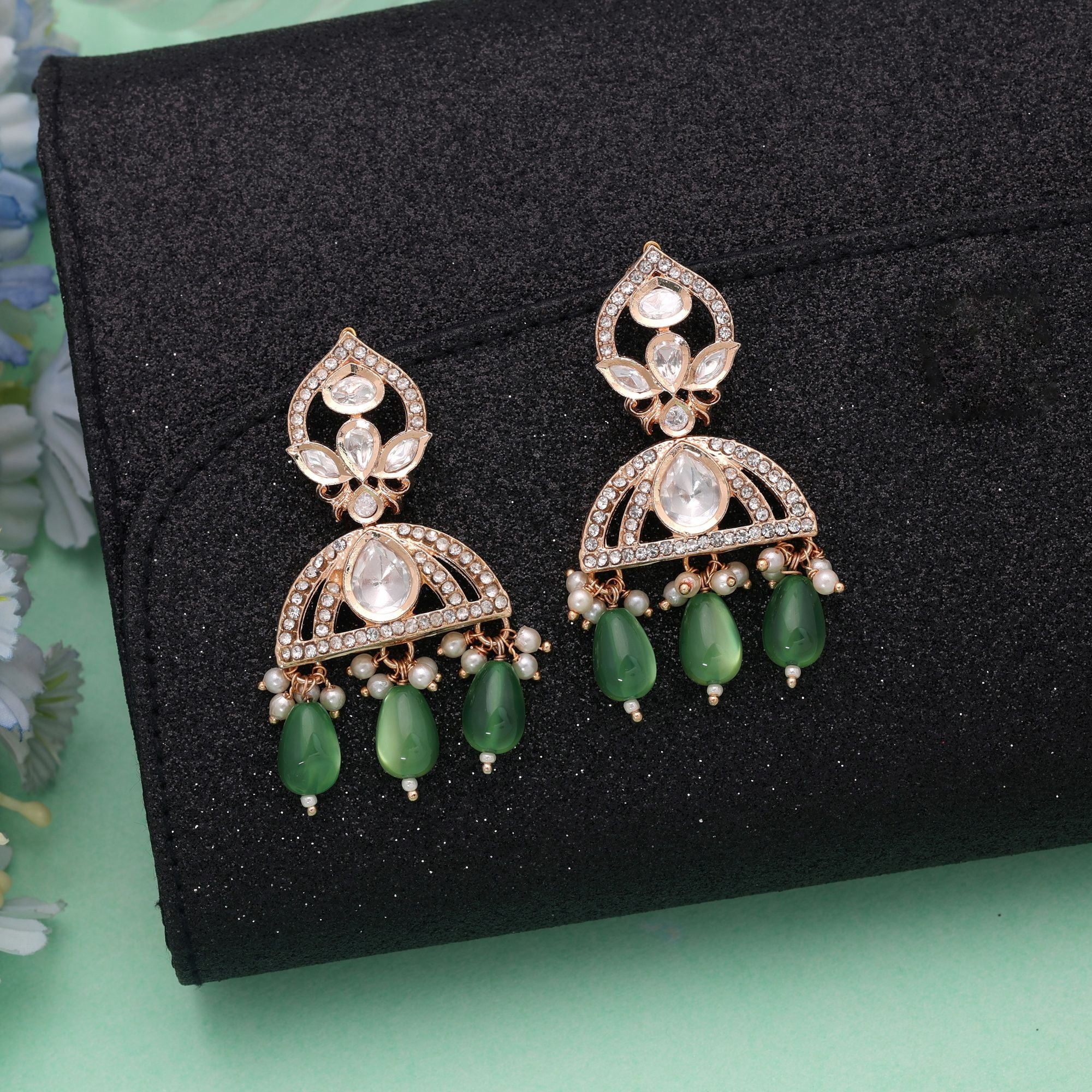Green Color American Diamond Earrings Premium Party Wear Style