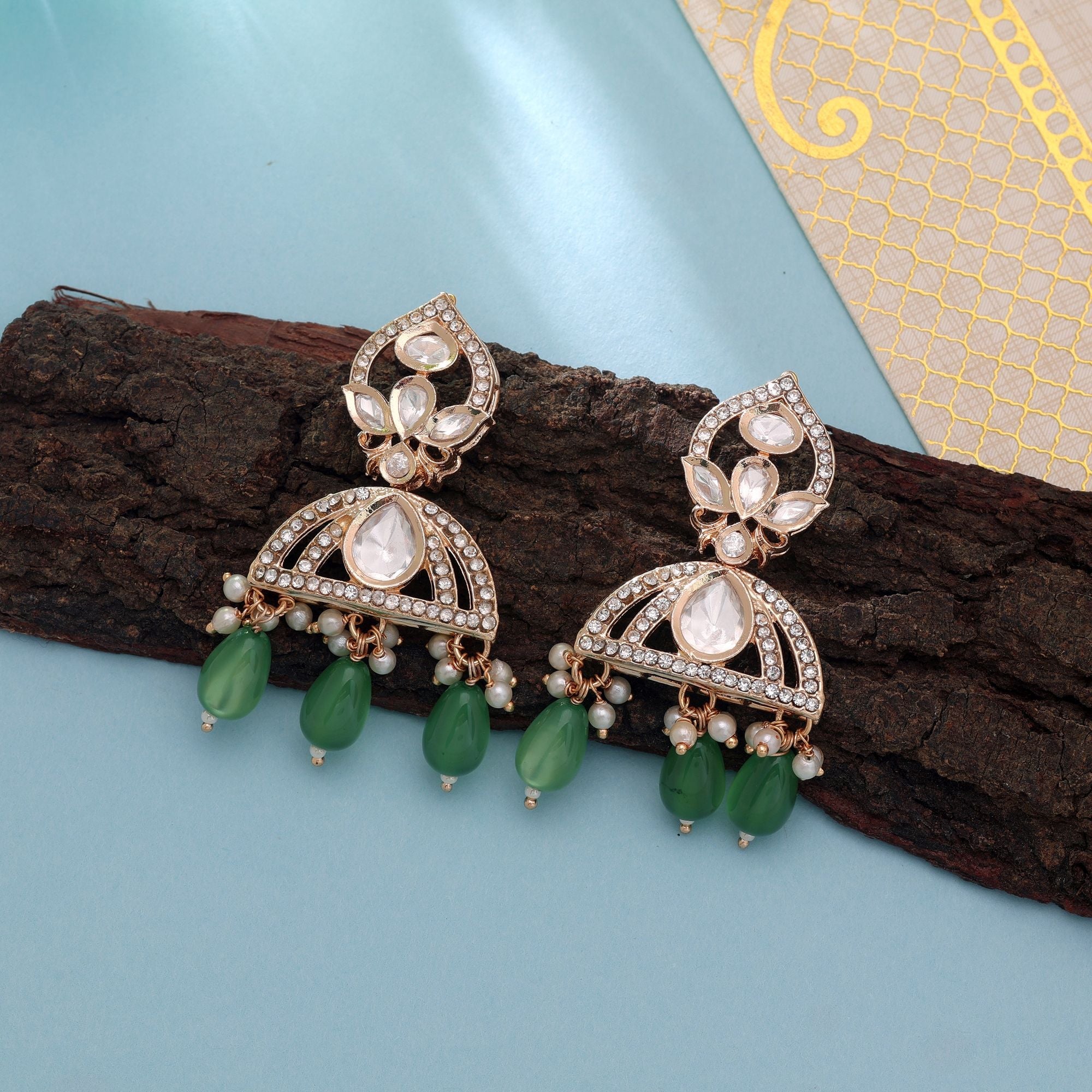 Green Color American Diamond Earrings Premium Party Wear Style
