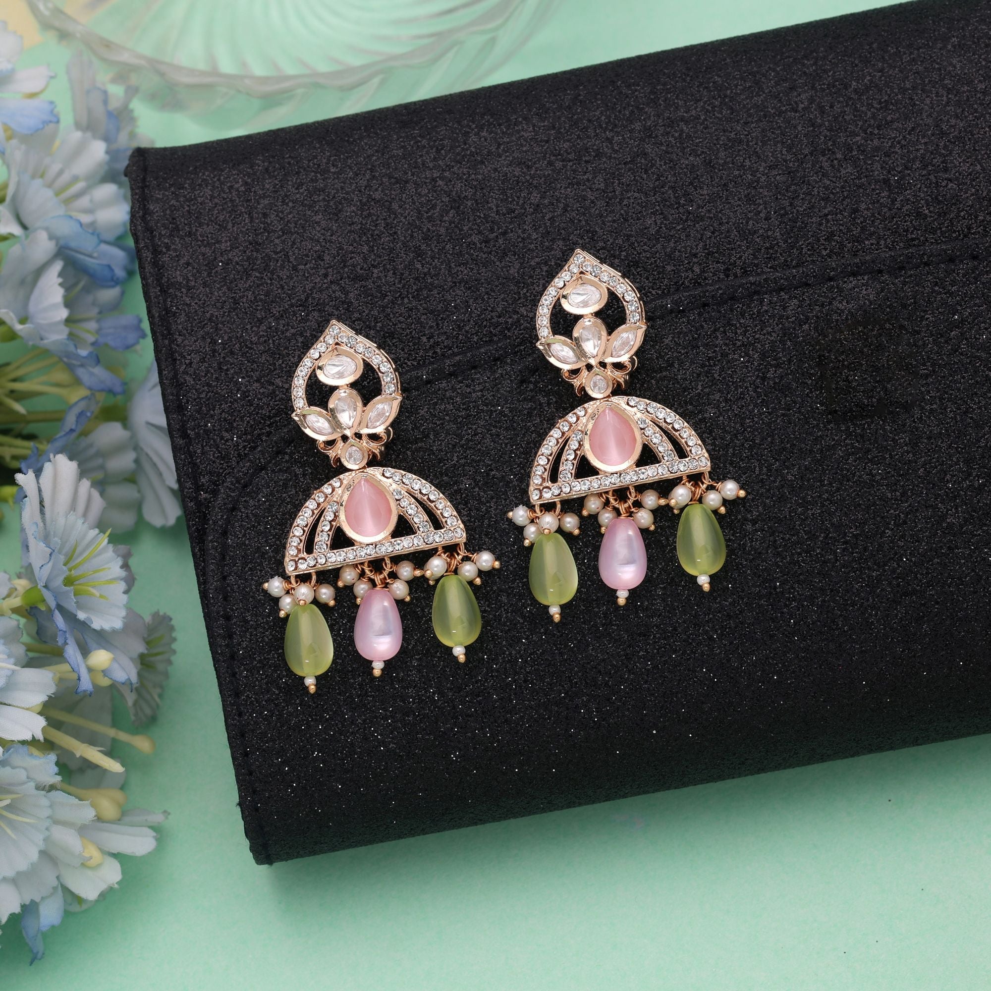 Light Pink & Light Green Color American Diamond Earrings Crystal Appeal