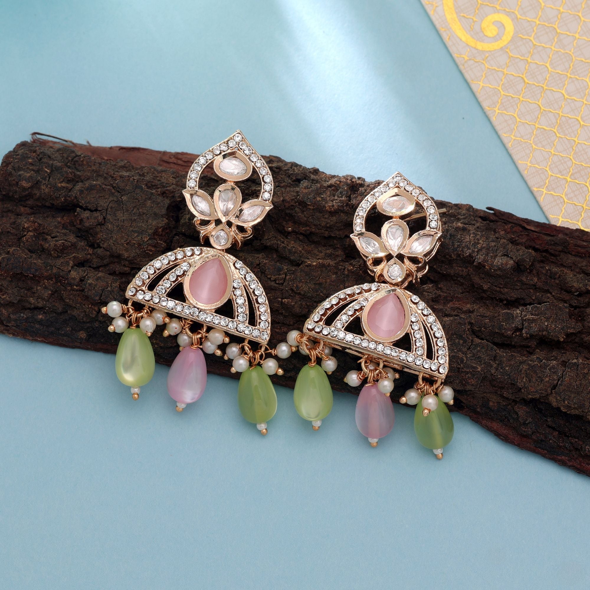 Light Pink & Light Green Color American Diamond Earrings Crystal Appeal