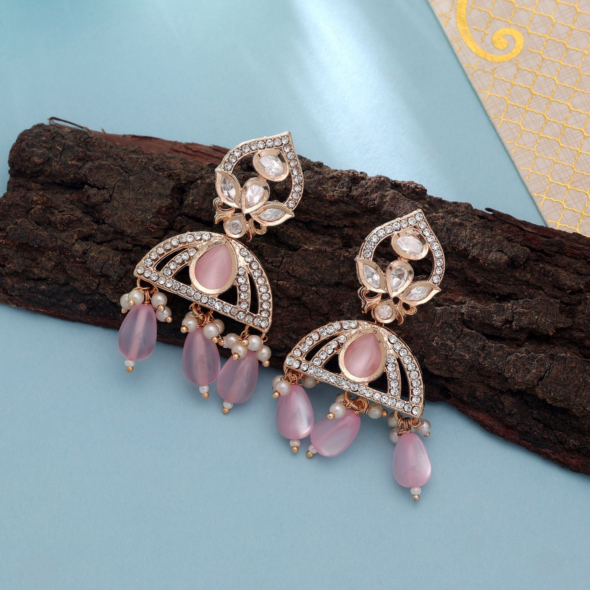 Light Pink Color American Diamond Earrings Premium Crystal Style