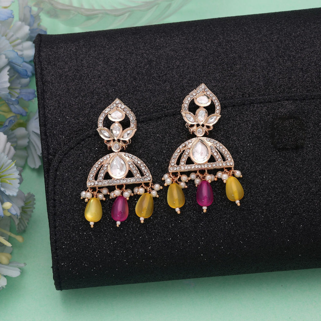 Pink & Yellow Color American Diamond Earrings Designer Fashion Look