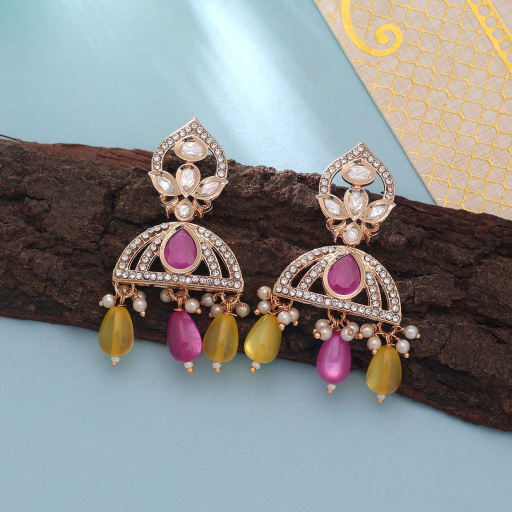 Pink & Yellow Color American Diamond Earrings Designer Fashion Look