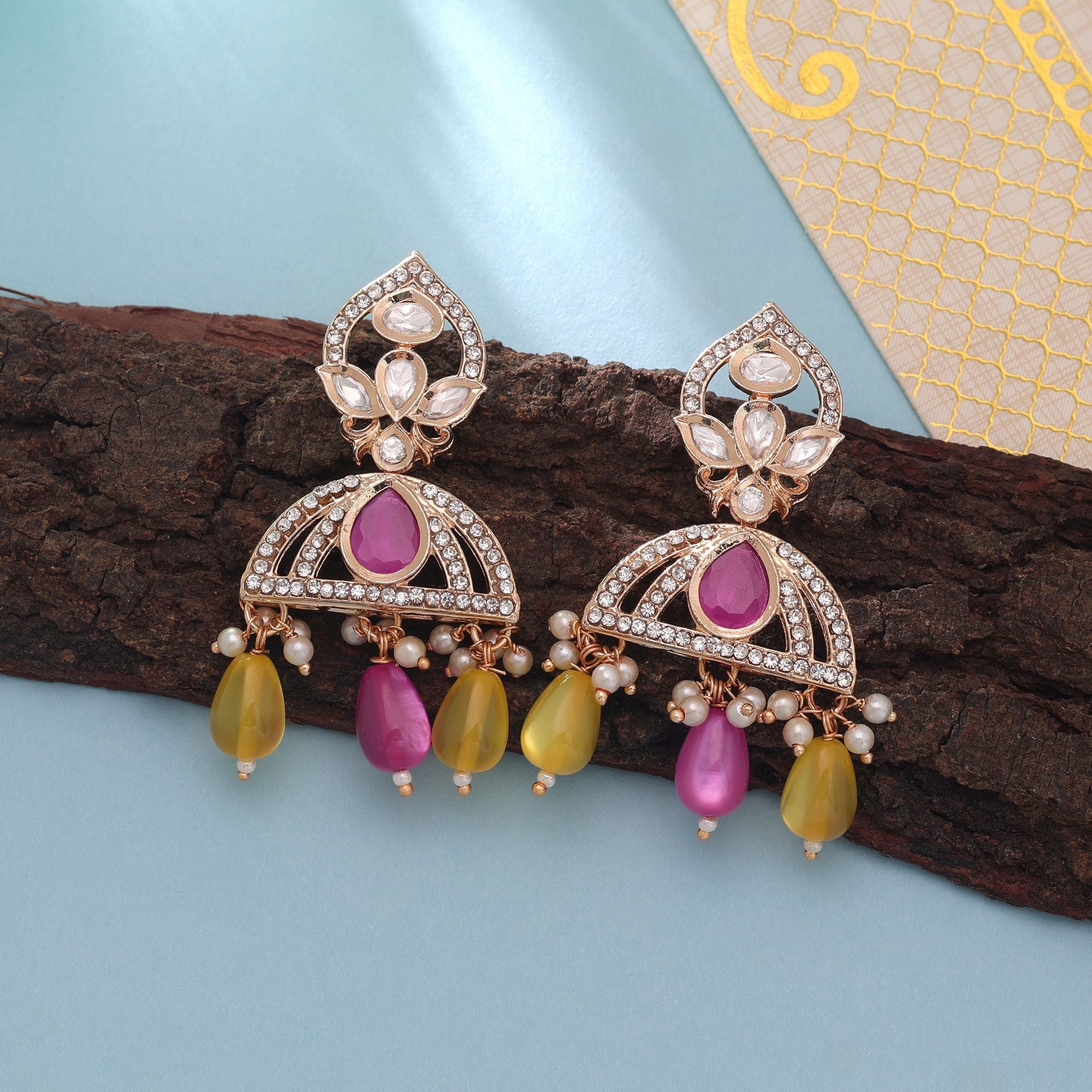 Pink & Yellow Color American Diamond Earrings Designer Fashion Look