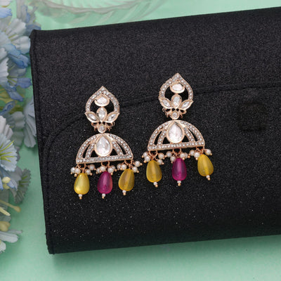 Pink & Yellow Color American Diamond Earrings Designer Fashion Look