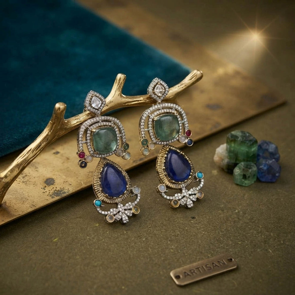 Blue Color American Diamond & Turkish Stone Earrings Party Wear