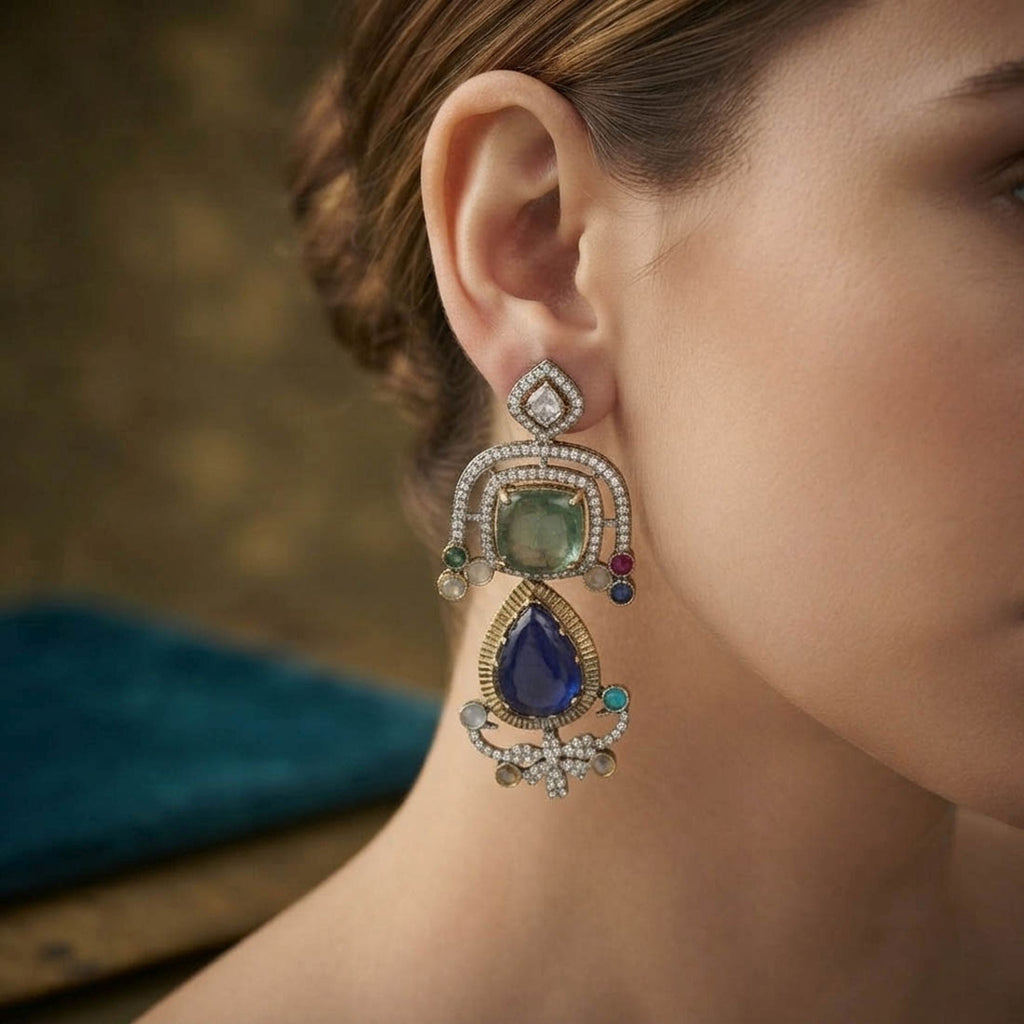 Blue Color American Diamond & Turkish Stone Earrings Party Wear