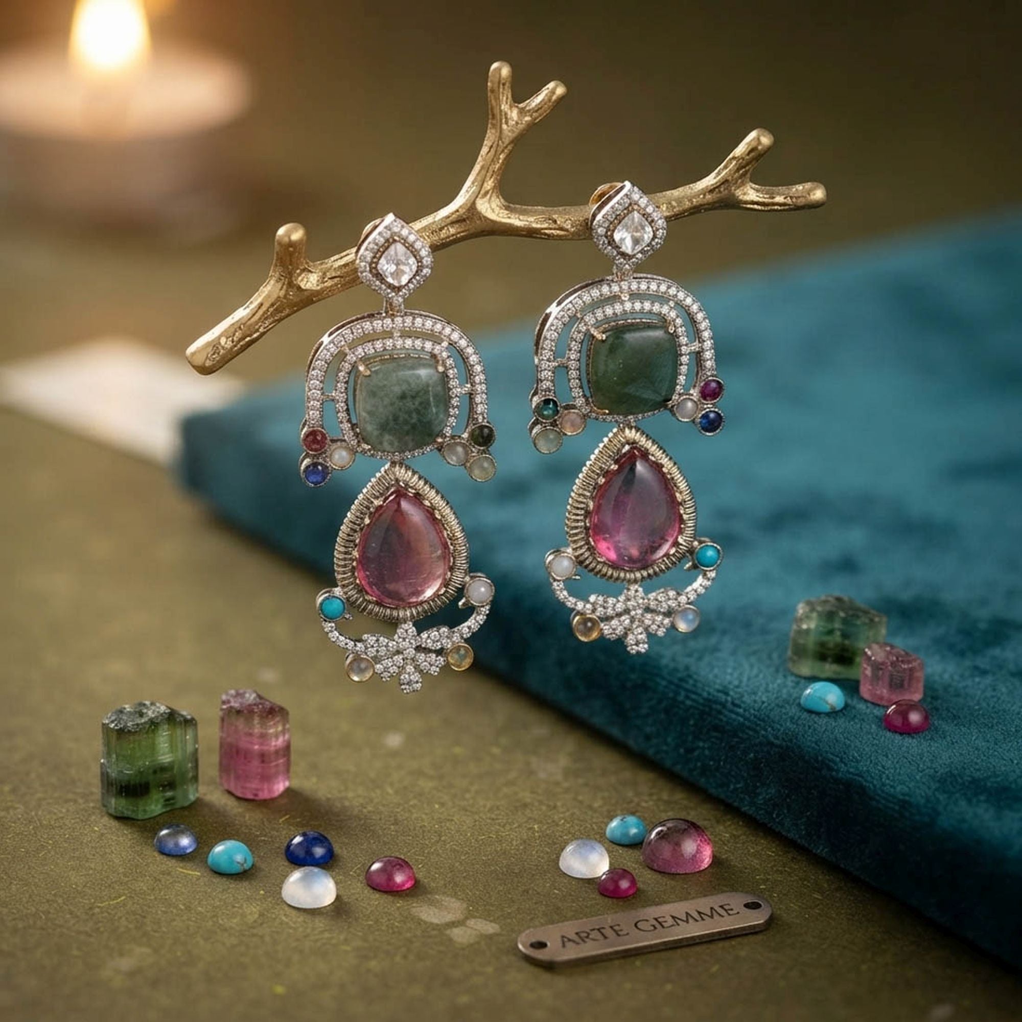 Light Pink Color American Diamond & Turkish Stone Earrings Crystal Style