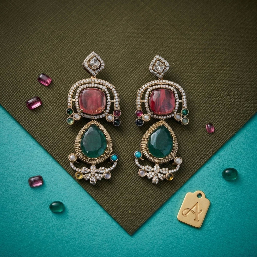 Mehendi Green Color American Diamond & Turkish Stone Earrings Traditional Appeal