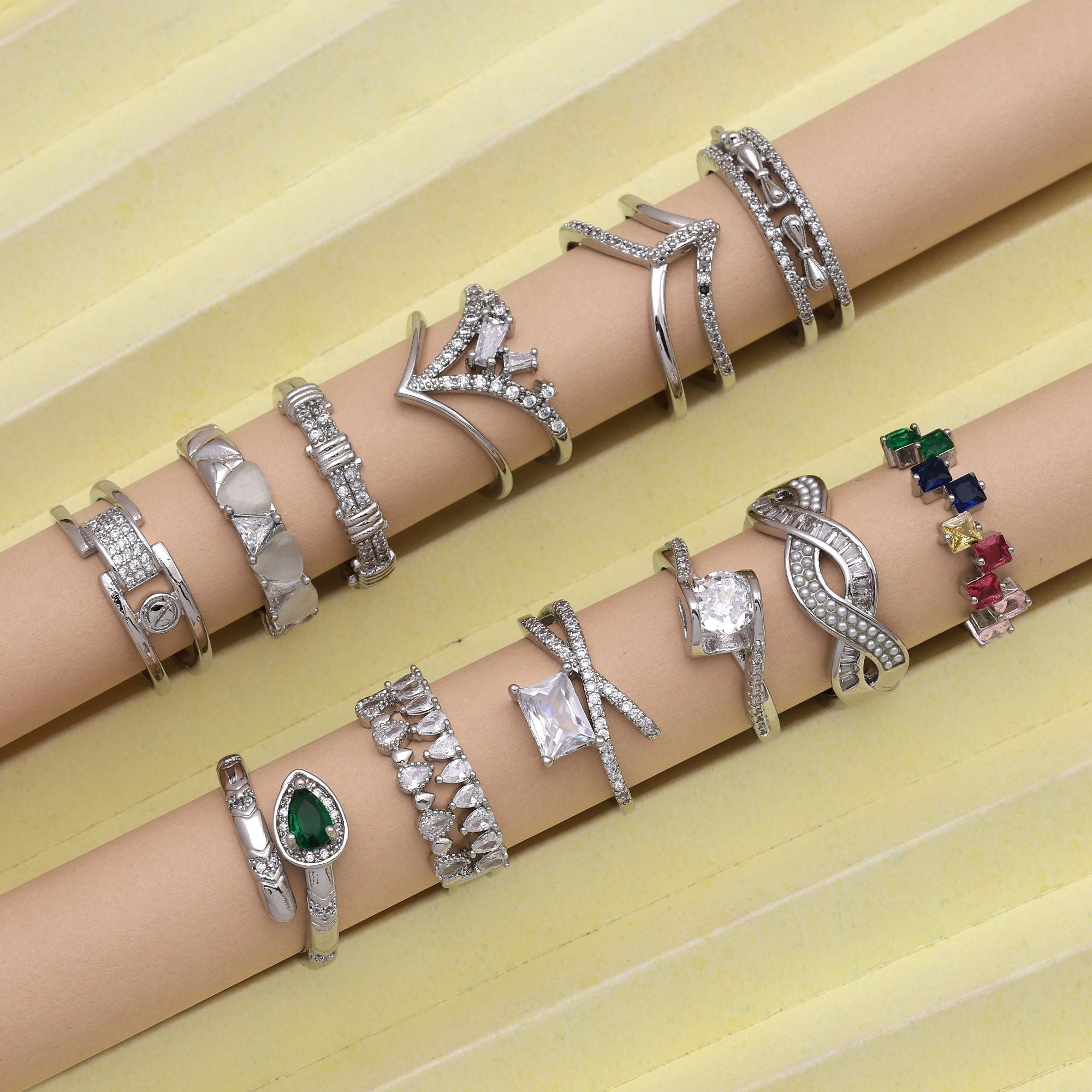 Elegant Silver Color Combo Of 12 Pieces American Diamond Rings For Daily Use