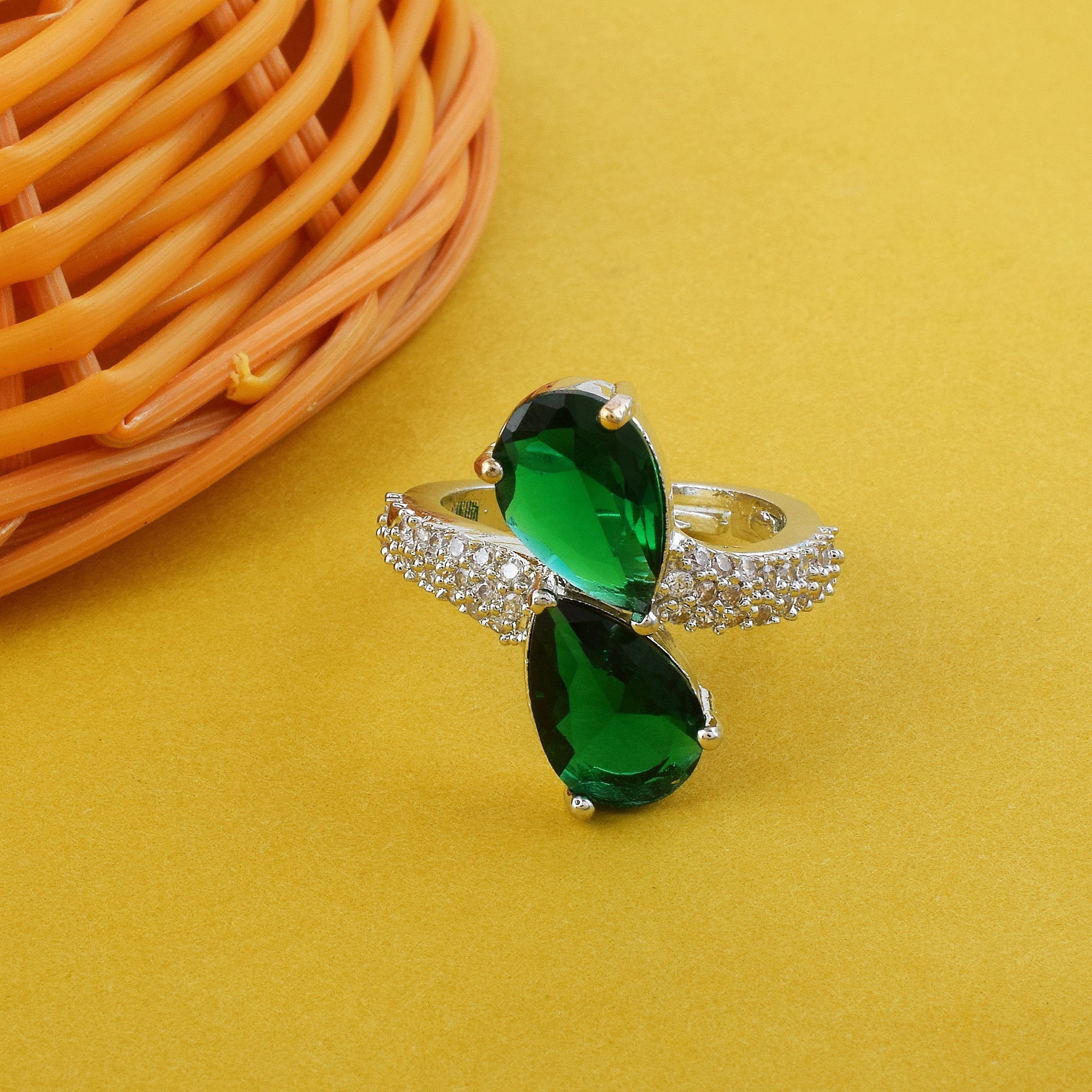 Refreshing Green Color American Diamond Ring For Nature-Inspired Fashion Look