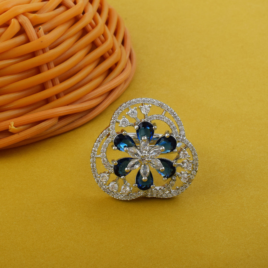Stylish Blue Color American Diamond Ring For Day And Night Glam