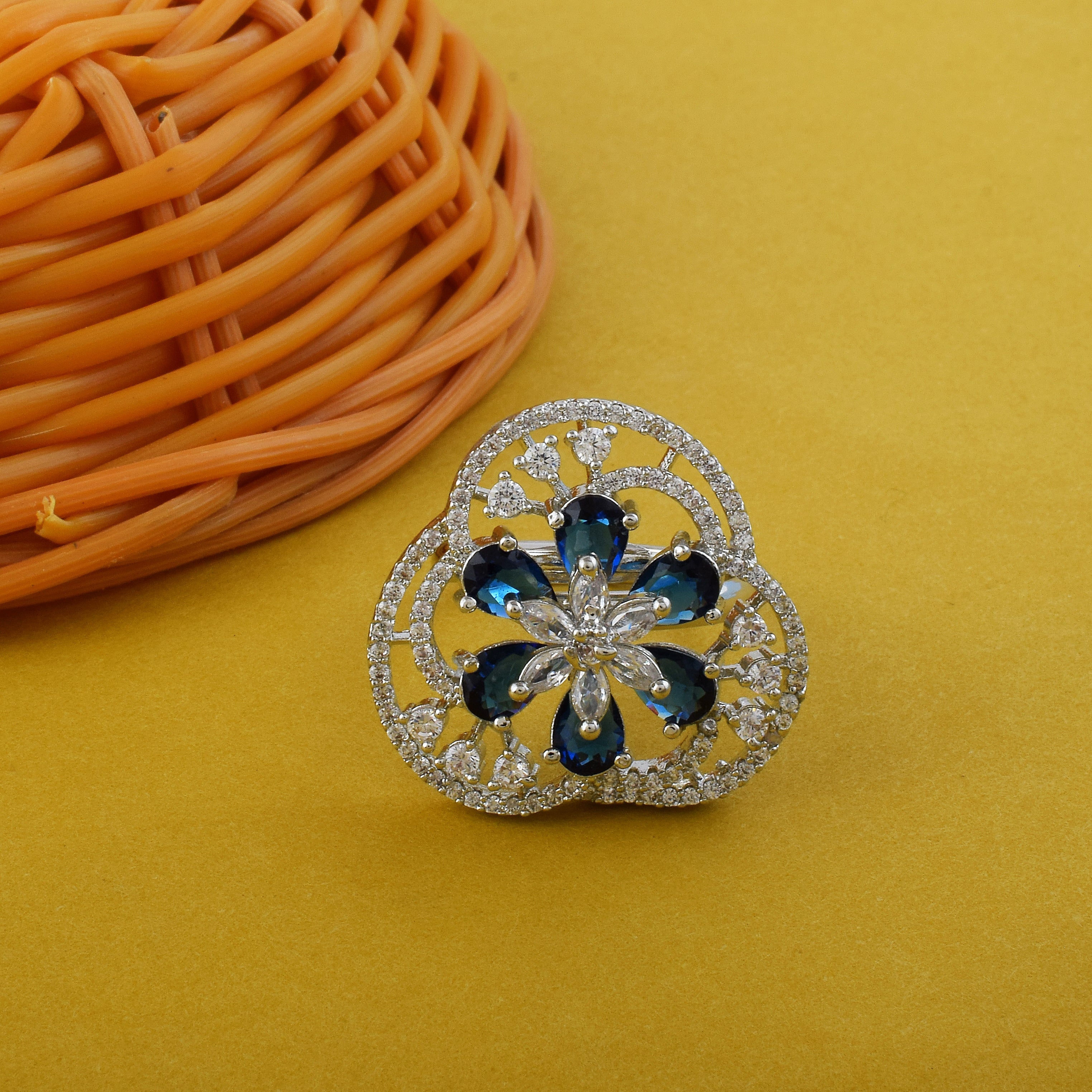 Stylish Blue Color American Diamond Ring For Day And Night Glam