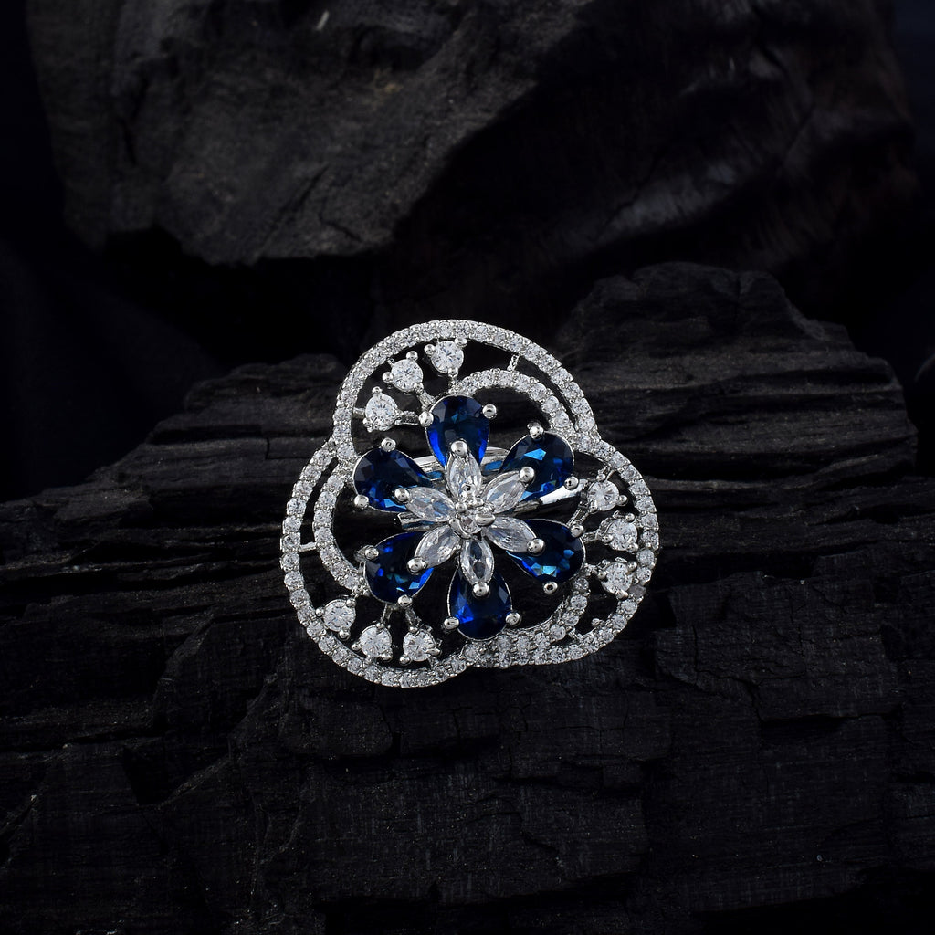Stylish Blue Color American Diamond Ring For Day And Night Glam
