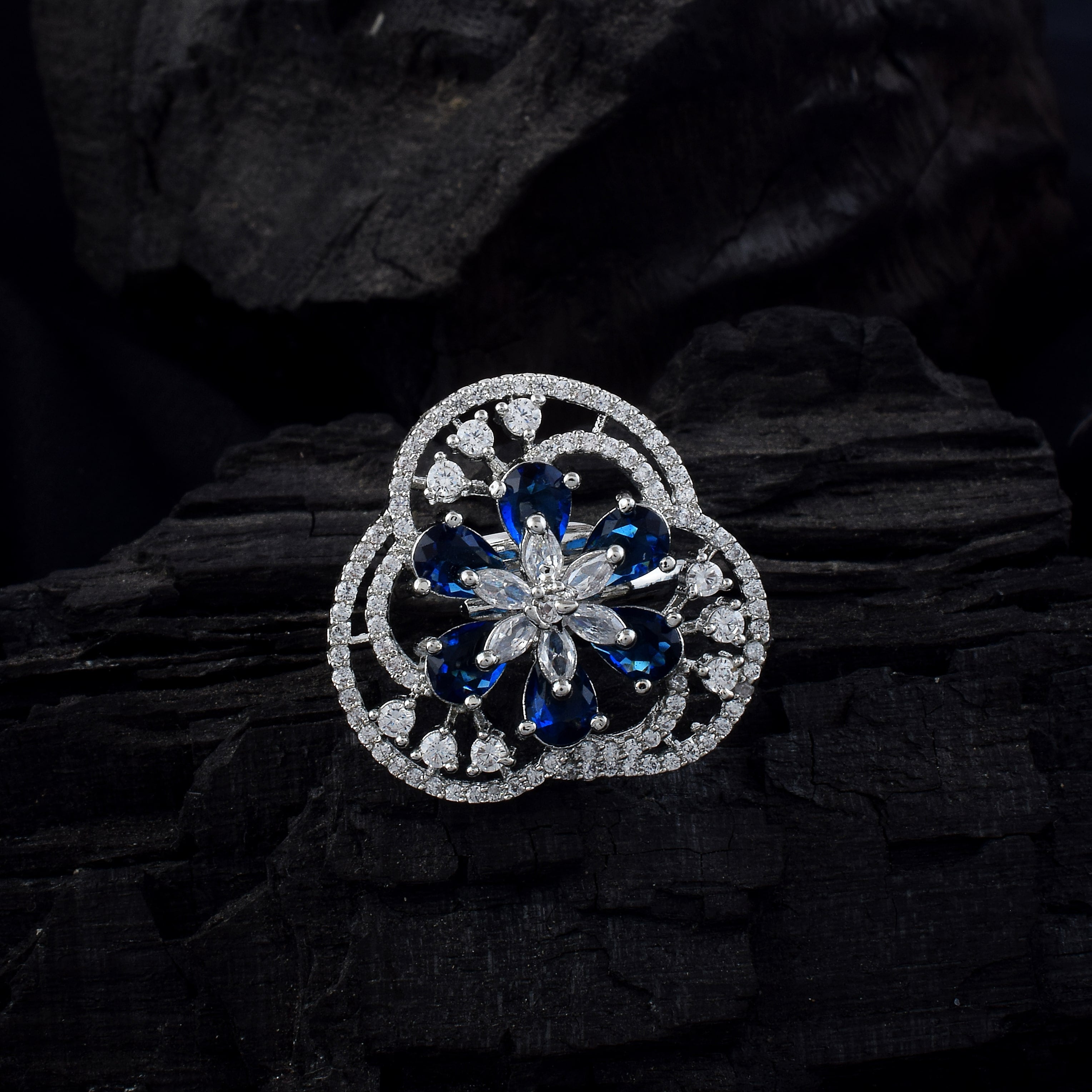Stylish Blue Color American Diamond Ring For Day And Night Glam