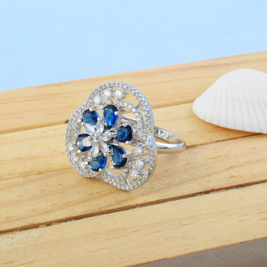 Stylish Blue Color American Diamond Ring For Day And Night Glam