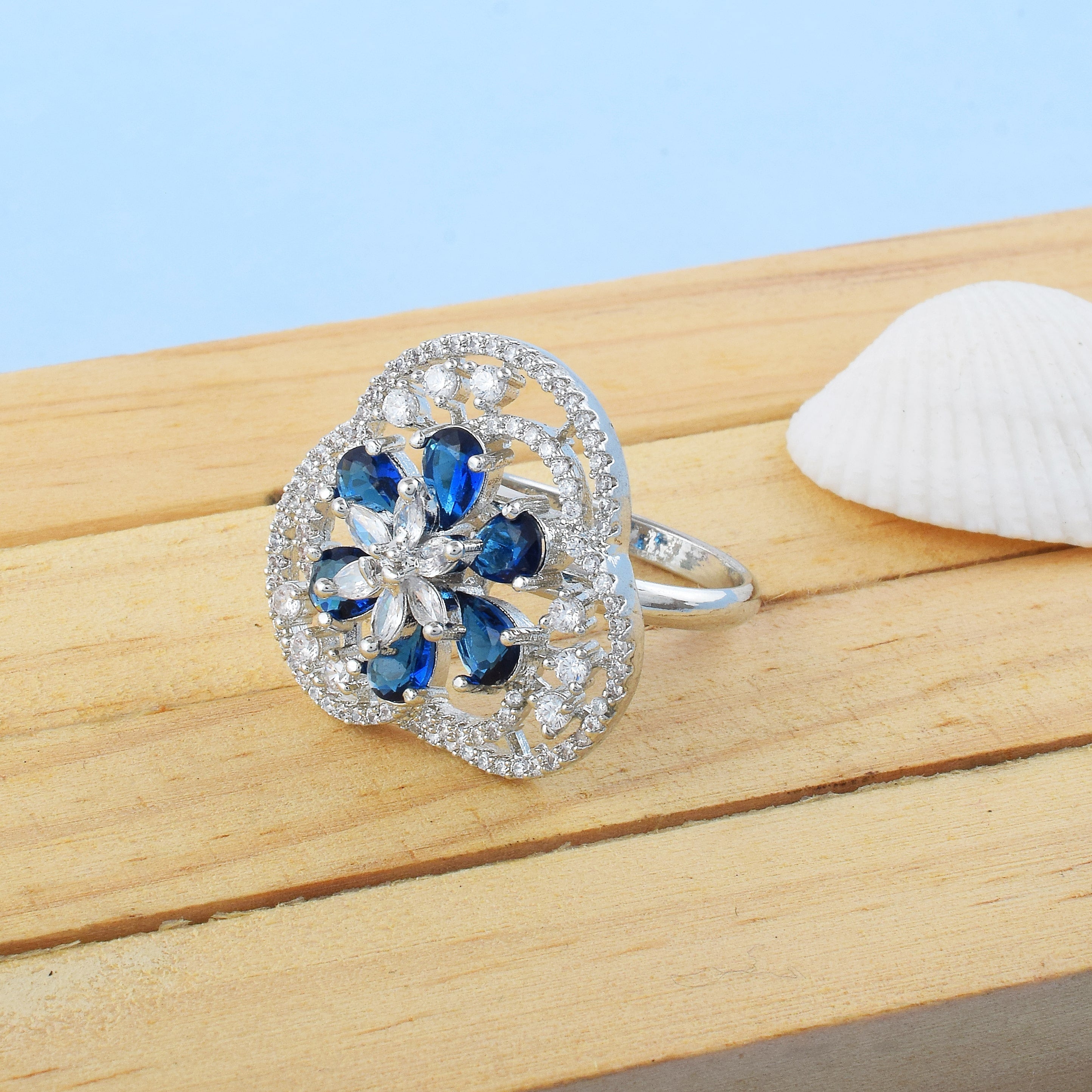 Stylish Blue Color American Diamond Ring For Day And Night Glam