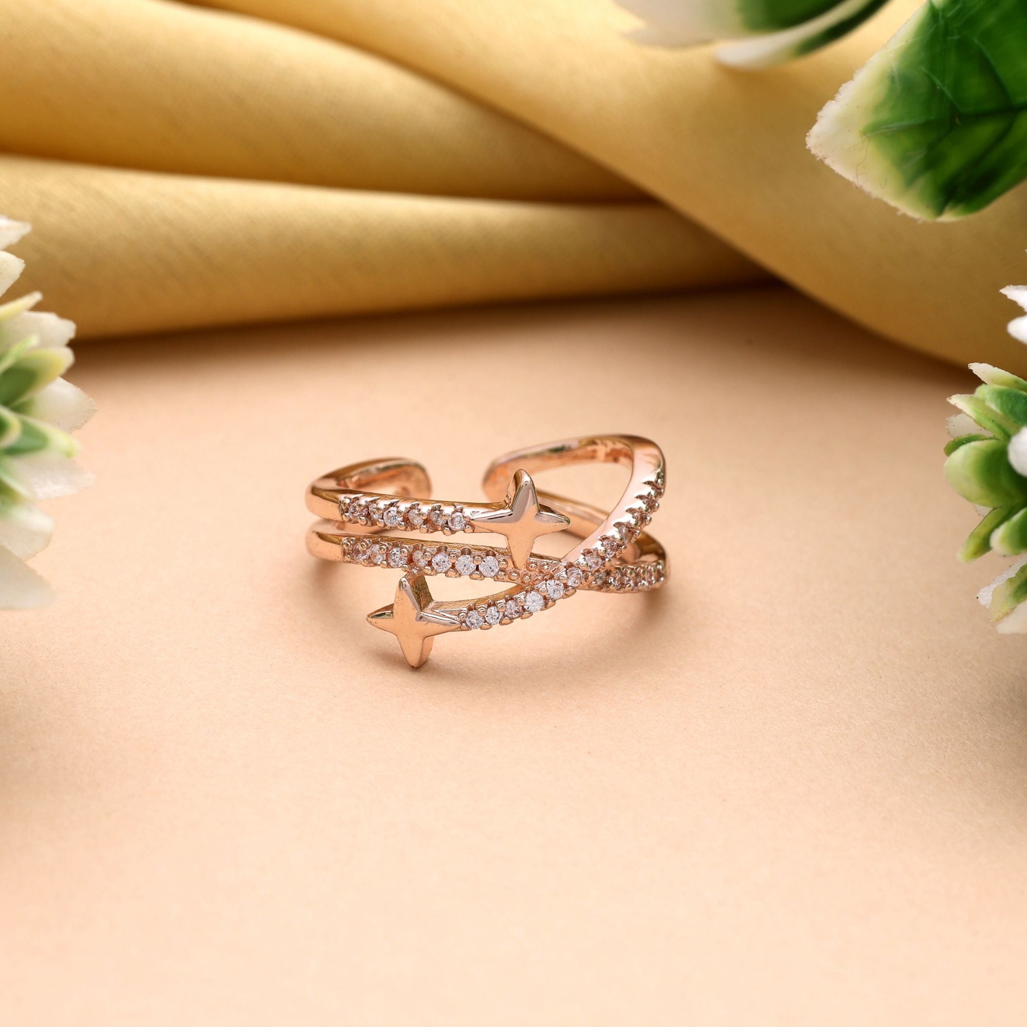 Beautiful Rose Gold Color Combo Of 12 Pieces American Diamond Rings For Party Looks