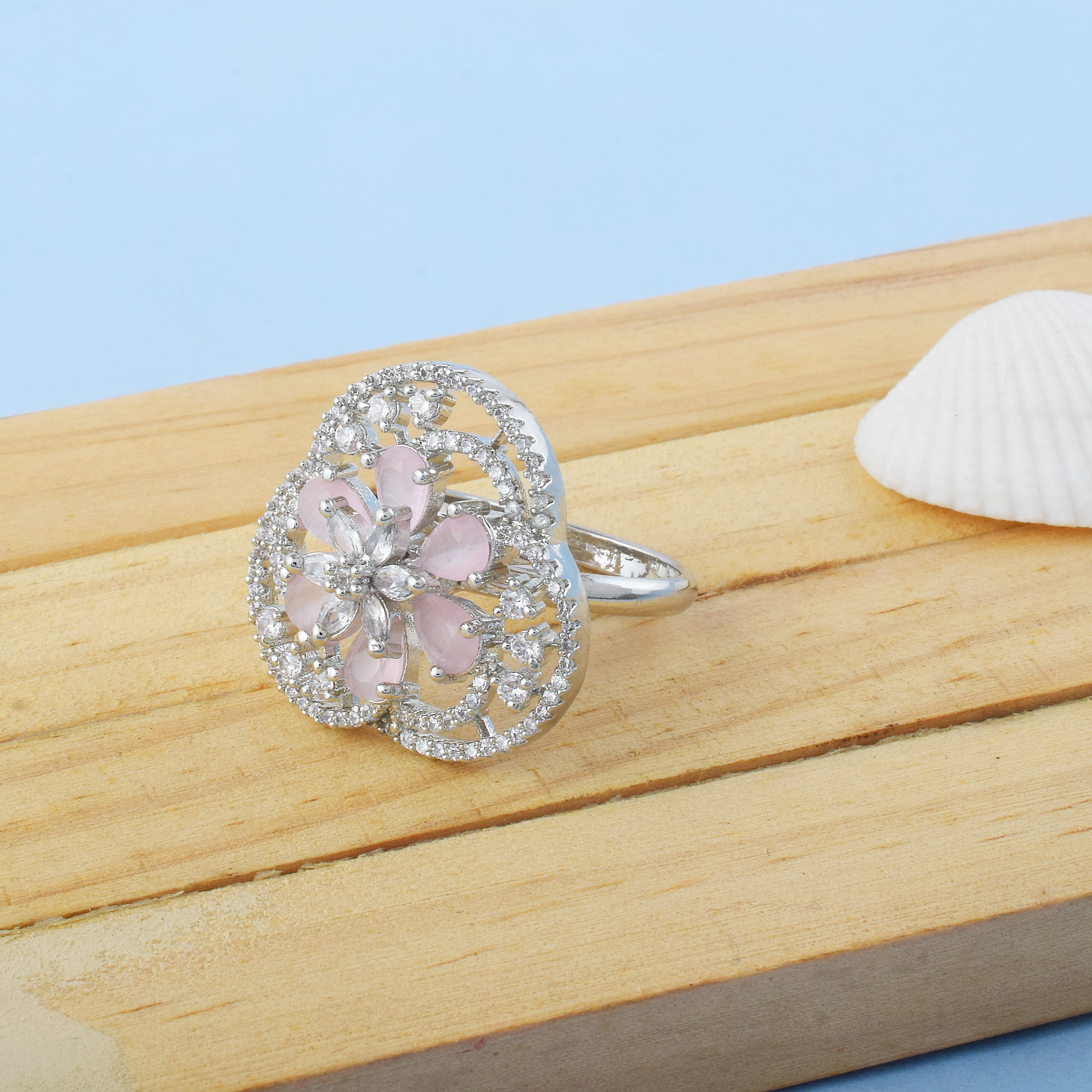 Soft Pink Color American Diamond Ring With Feminine Grace And Shine